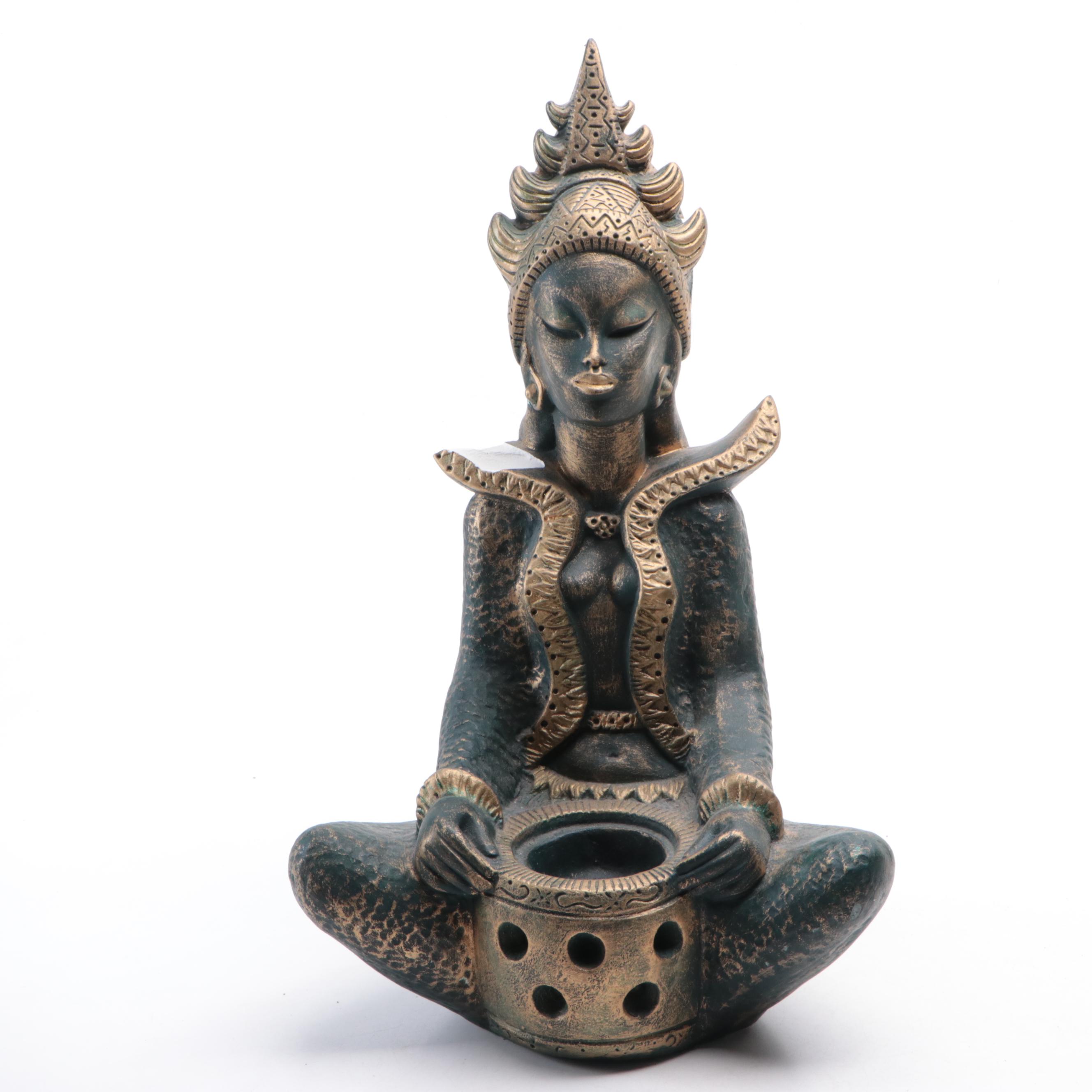 Plaster Buddha Statue and Candle Holder with Embossed Ceramic Planter