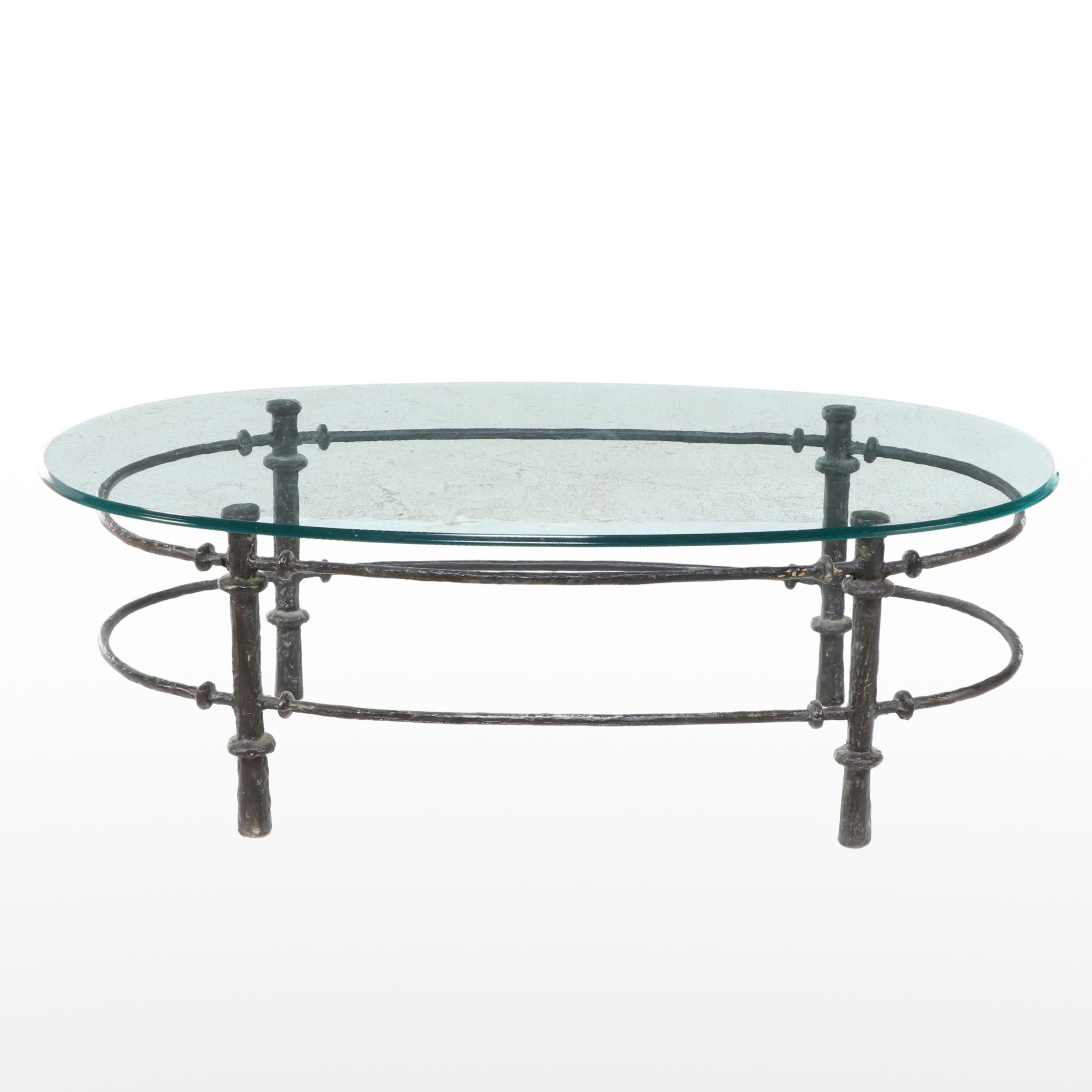 Brutalist Style Coffee Table with Textured Metal Base and Glass Top