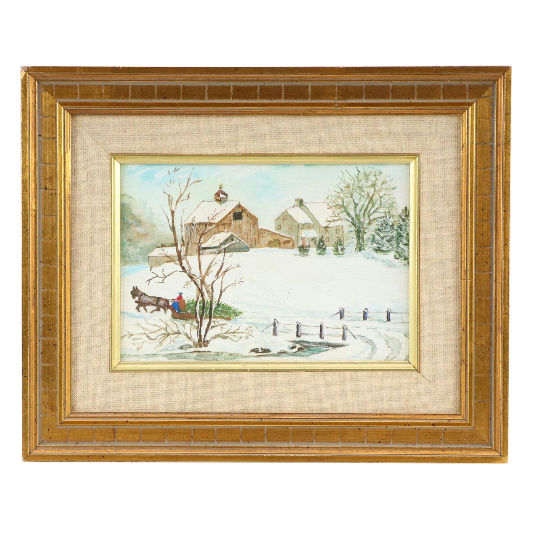 Oil Painting of Winter Farm Landscape