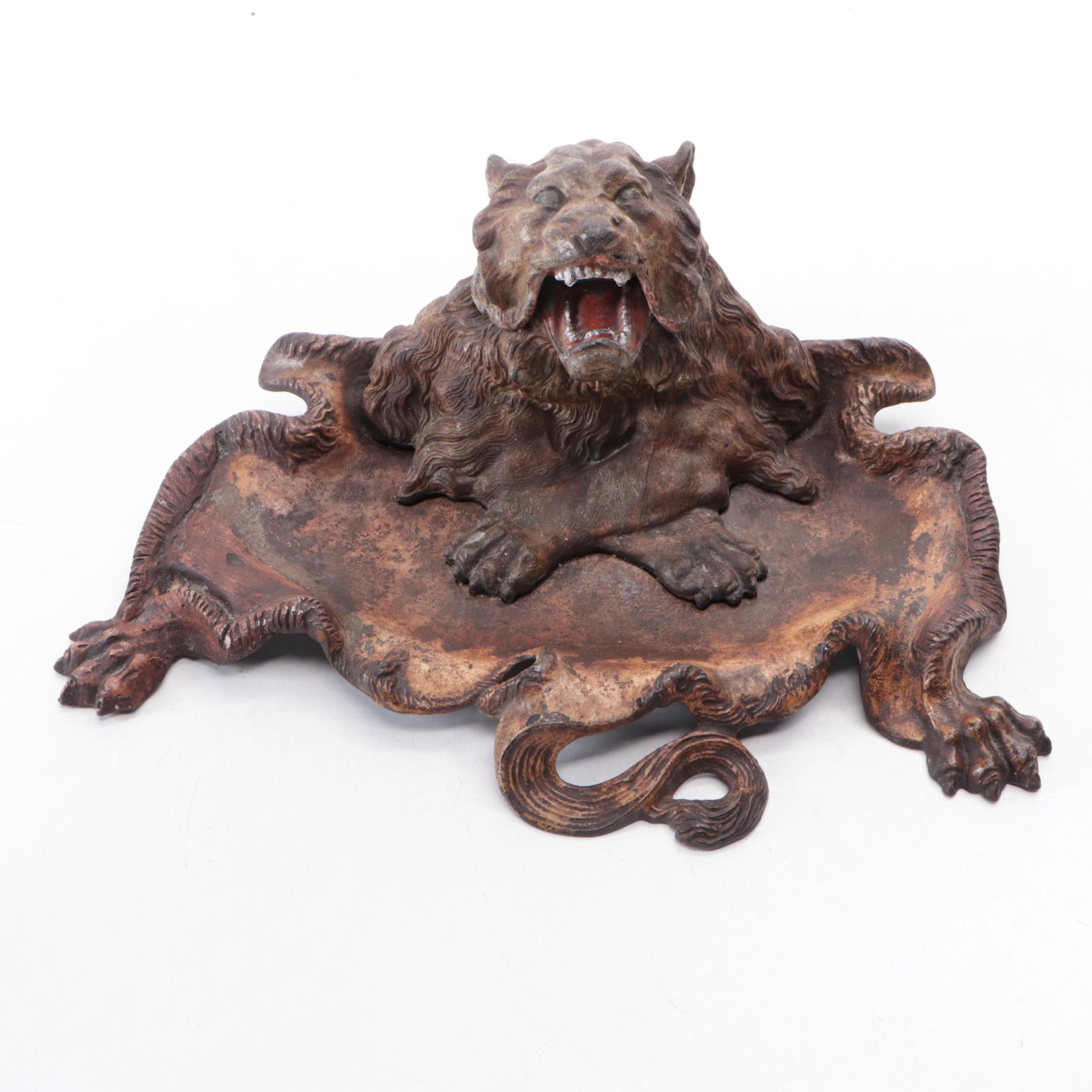 Victorian Cast Iron Roaring Lion Inkwell, Circa 1900