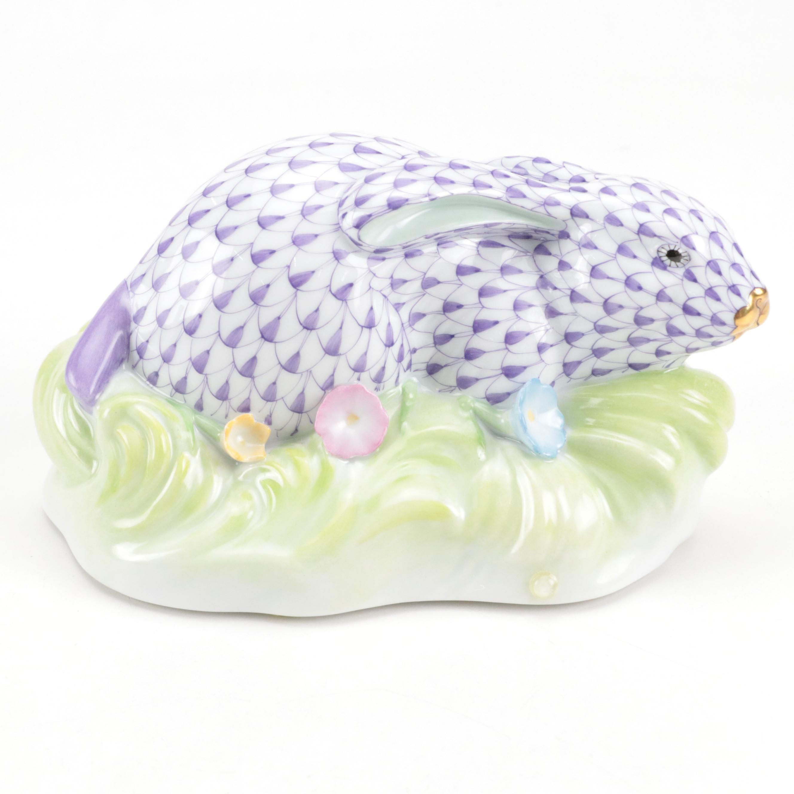 Herend Purple Fishnet with Gold "Rabbit In Grass" Porcelain Figurine