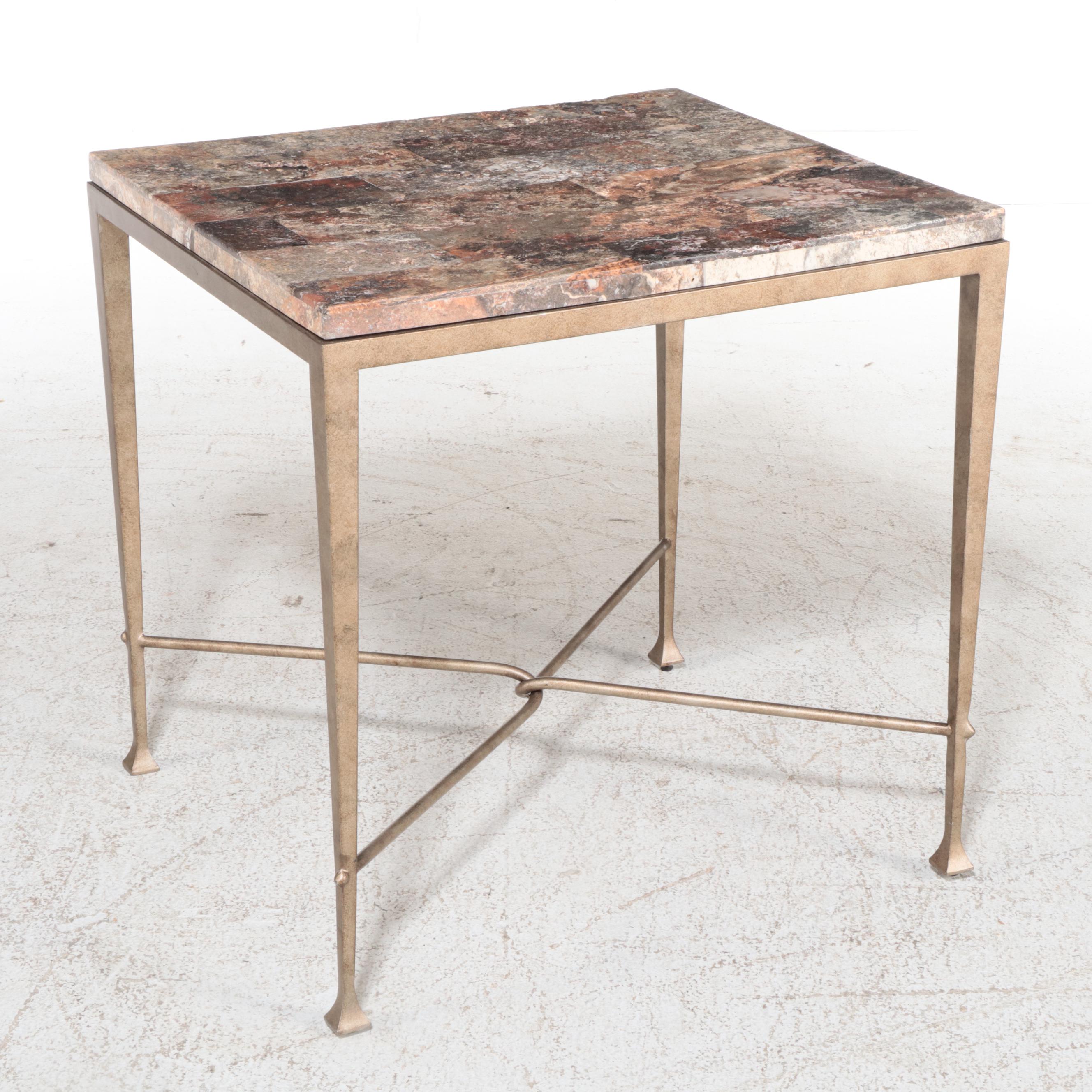 Contemporary Tessellated Marble Top Metal Side Table
