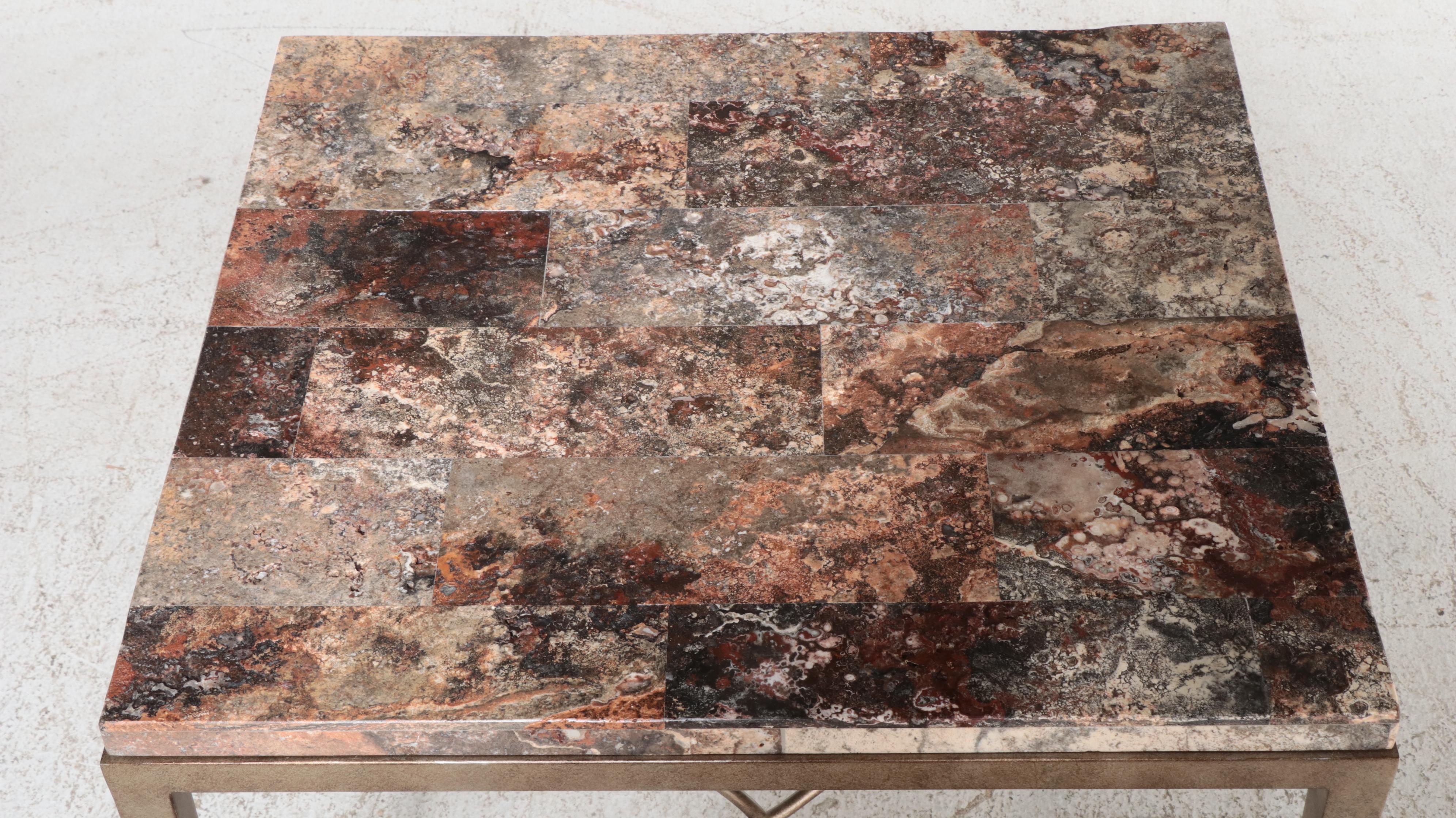 Contemporary Tessellated Marble Top Metal Side Table