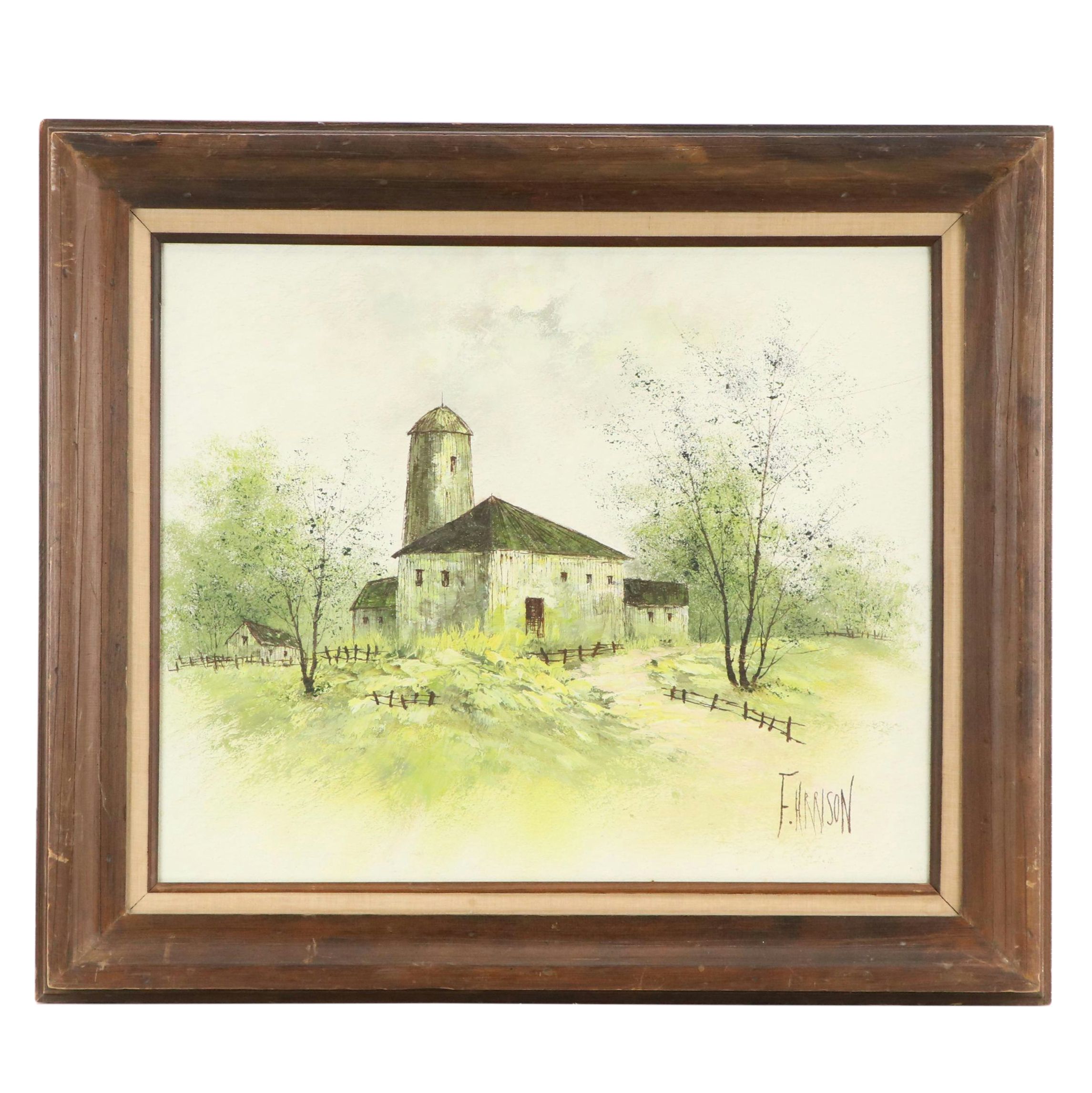 F. Harrison Barn Landscape Oil Painting, Circa 1960