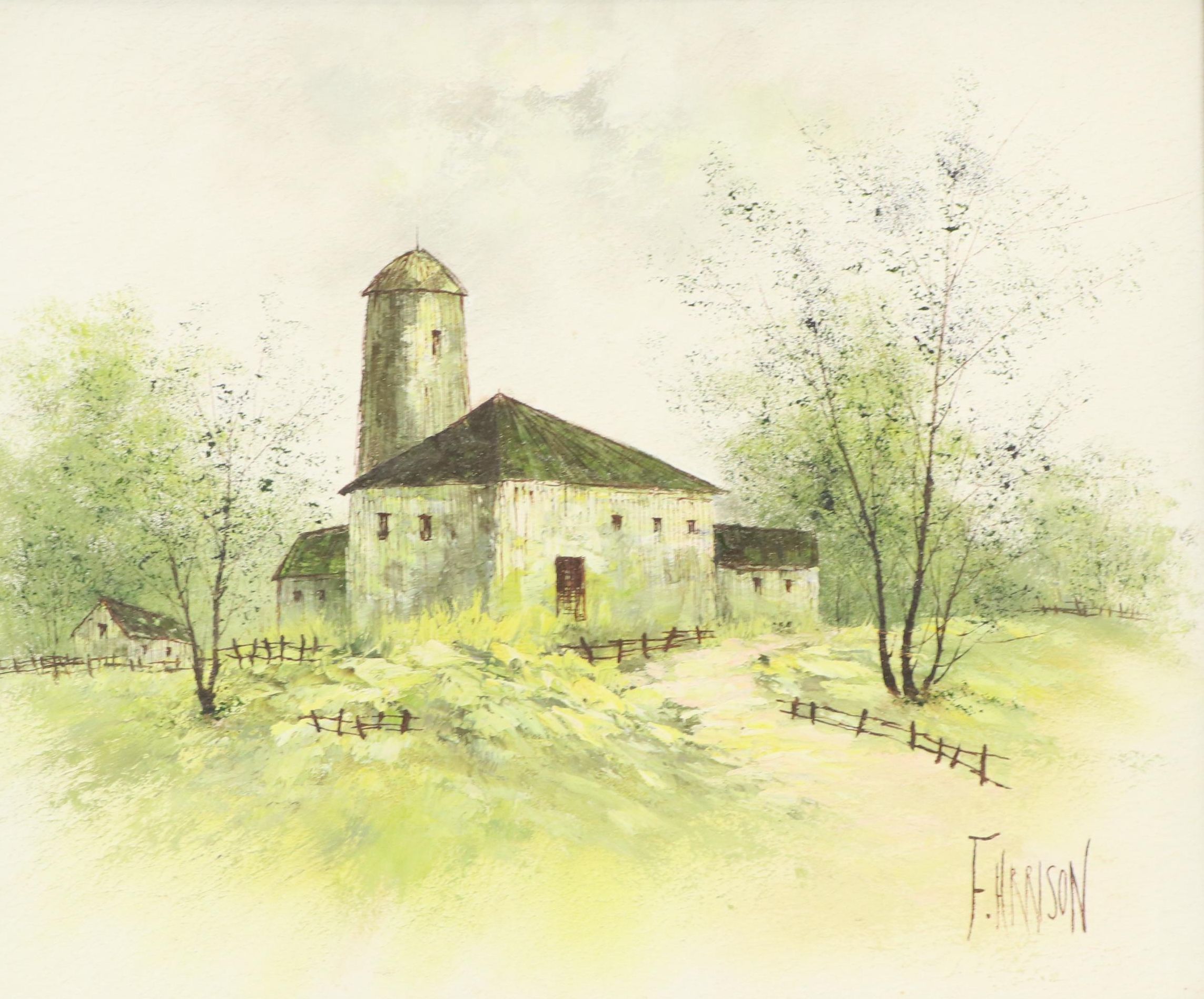 F. Harrison Barn Landscape Oil Painting, Circa 1960
