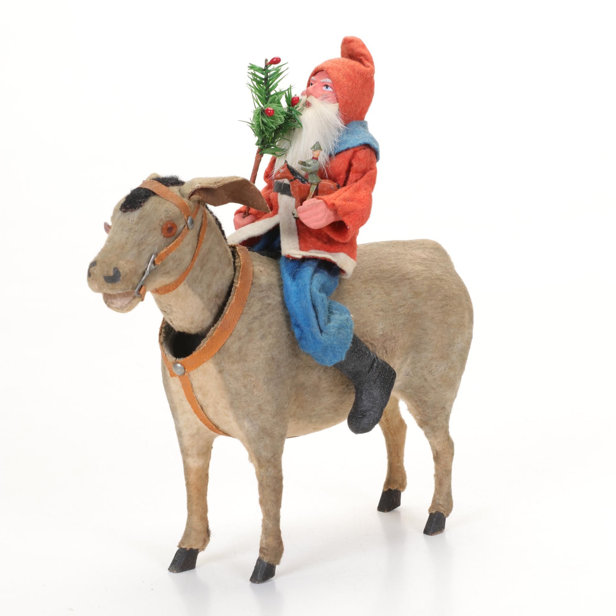 German Santa with Feather Tree on a Nodding Donkey Figurine, Early 20th Century