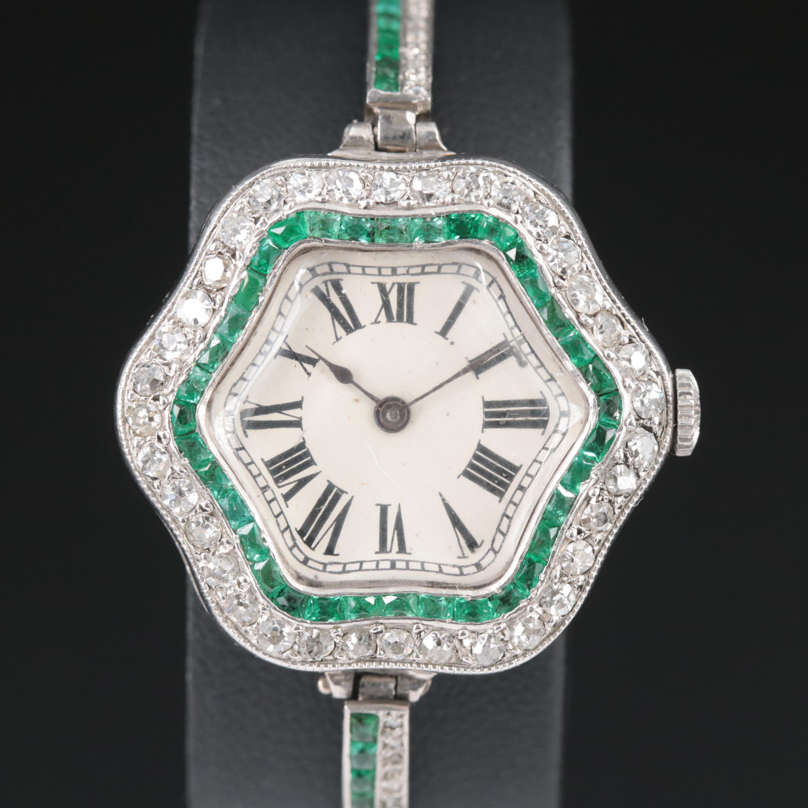 Antique Platinum Emerald and Diamond Watch
