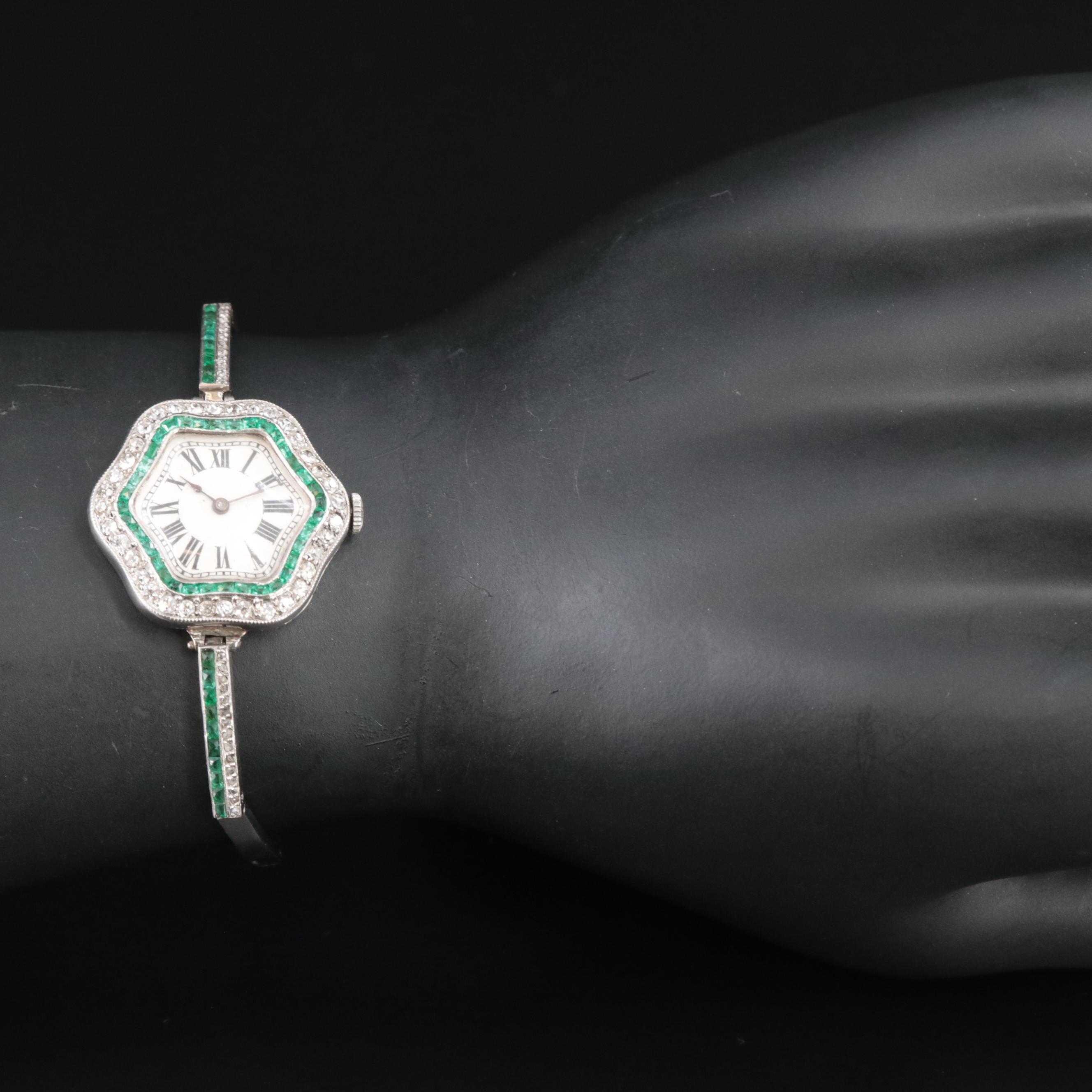 Antique Platinum Emerald and Diamond Watch