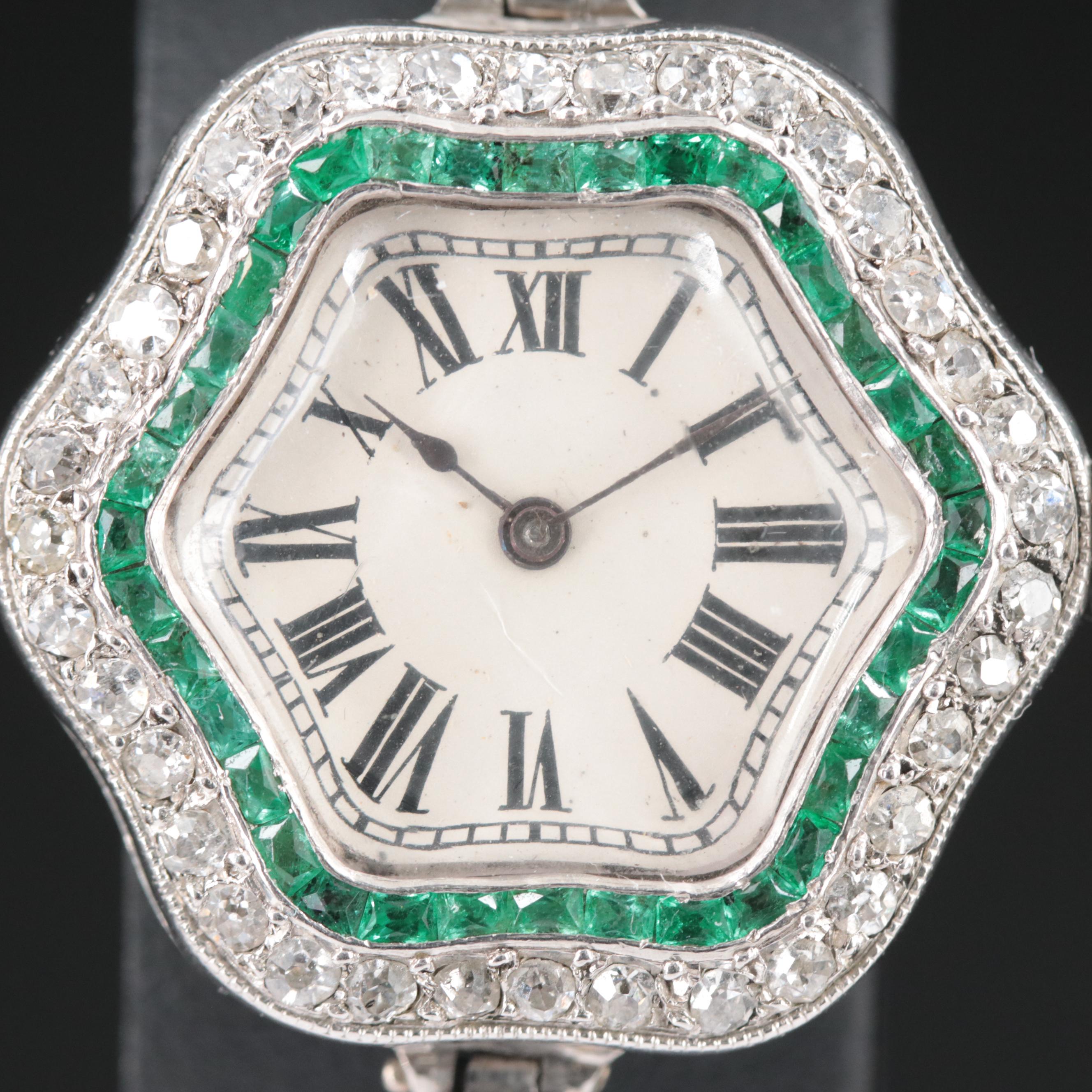 Antique Platinum Emerald and Diamond Watch