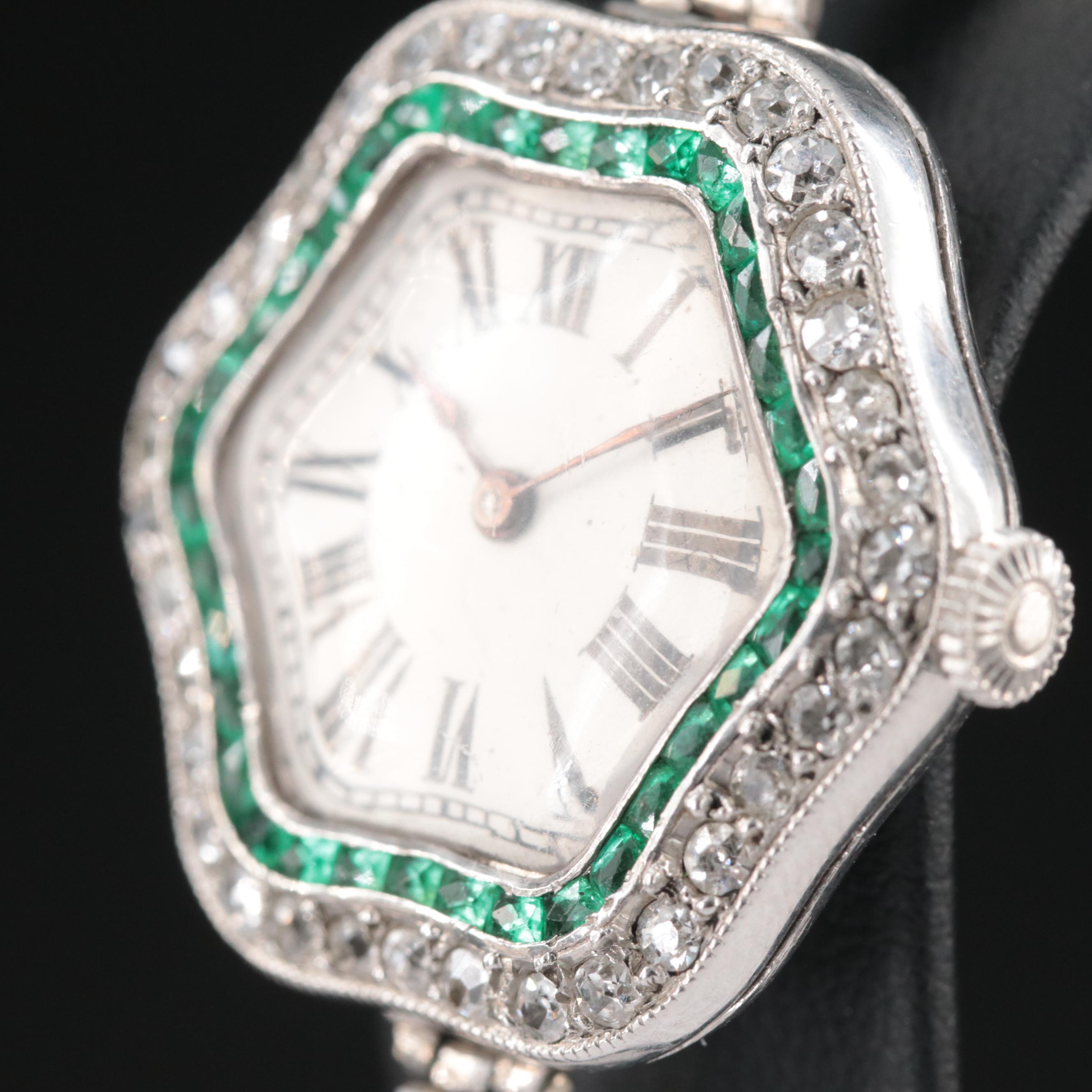 Antique Platinum Emerald and Diamond Watch
