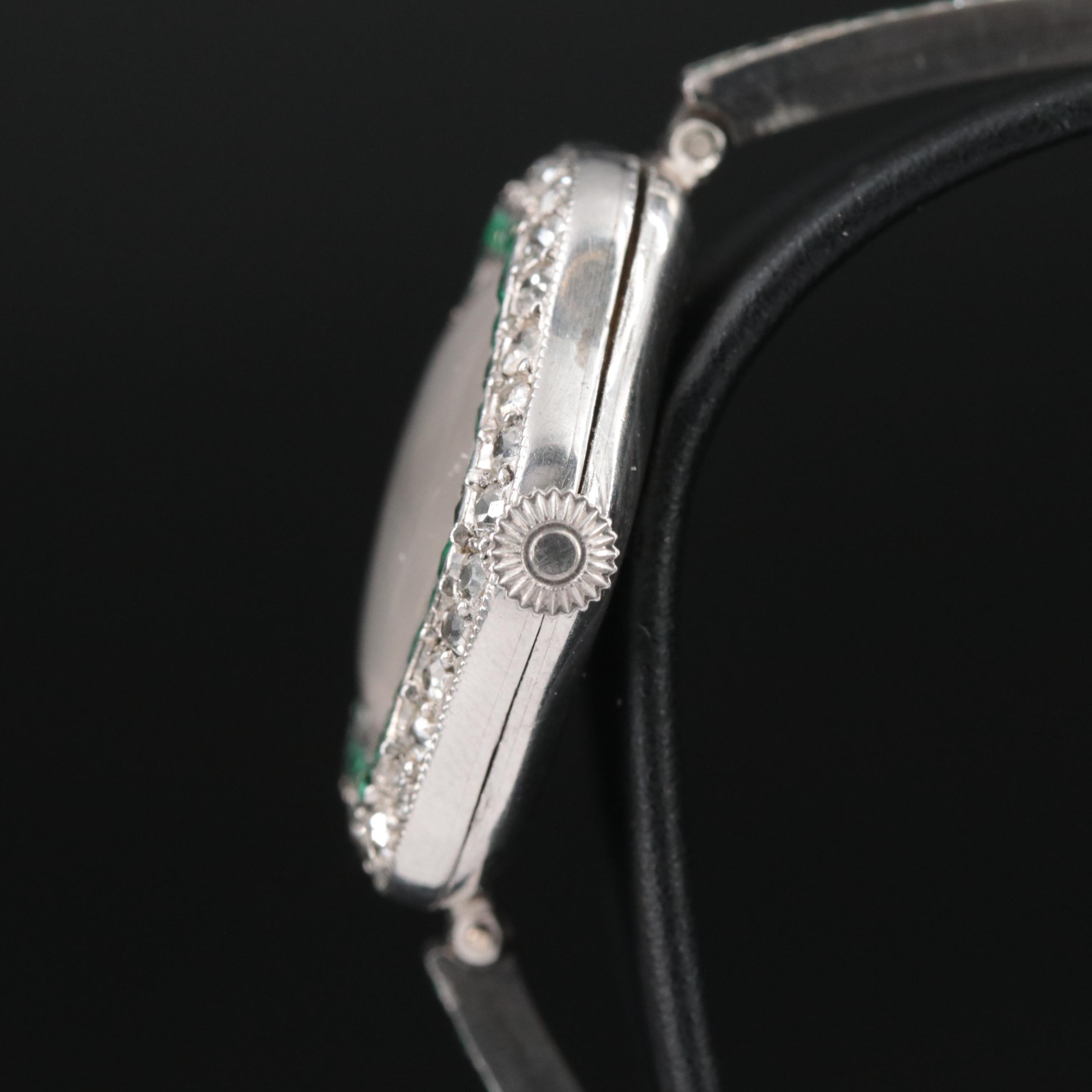 Antique Platinum Emerald and Diamond Watch