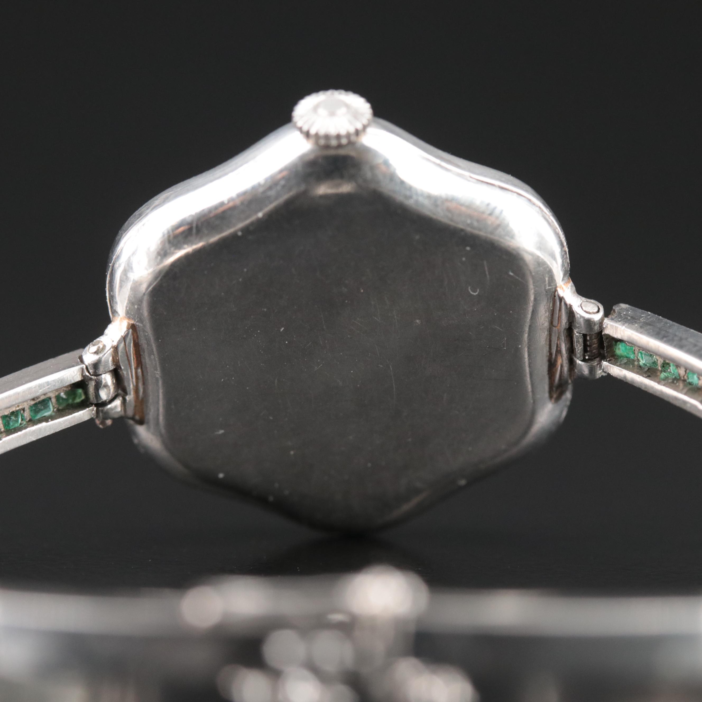 Antique Platinum Emerald and Diamond Watch