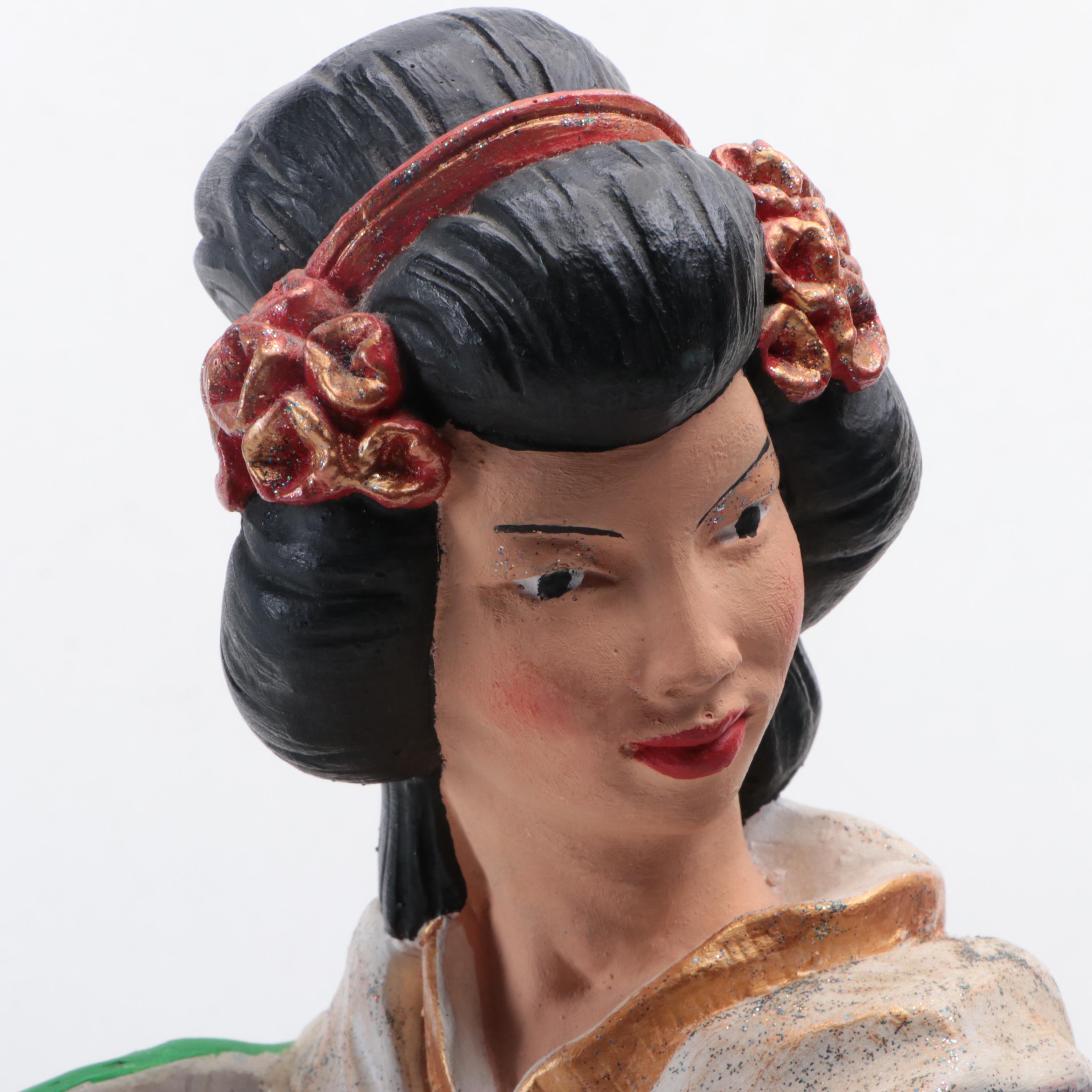 Hand-Painted Cast Plaster Traditional Chinese Man and Woman Figurines