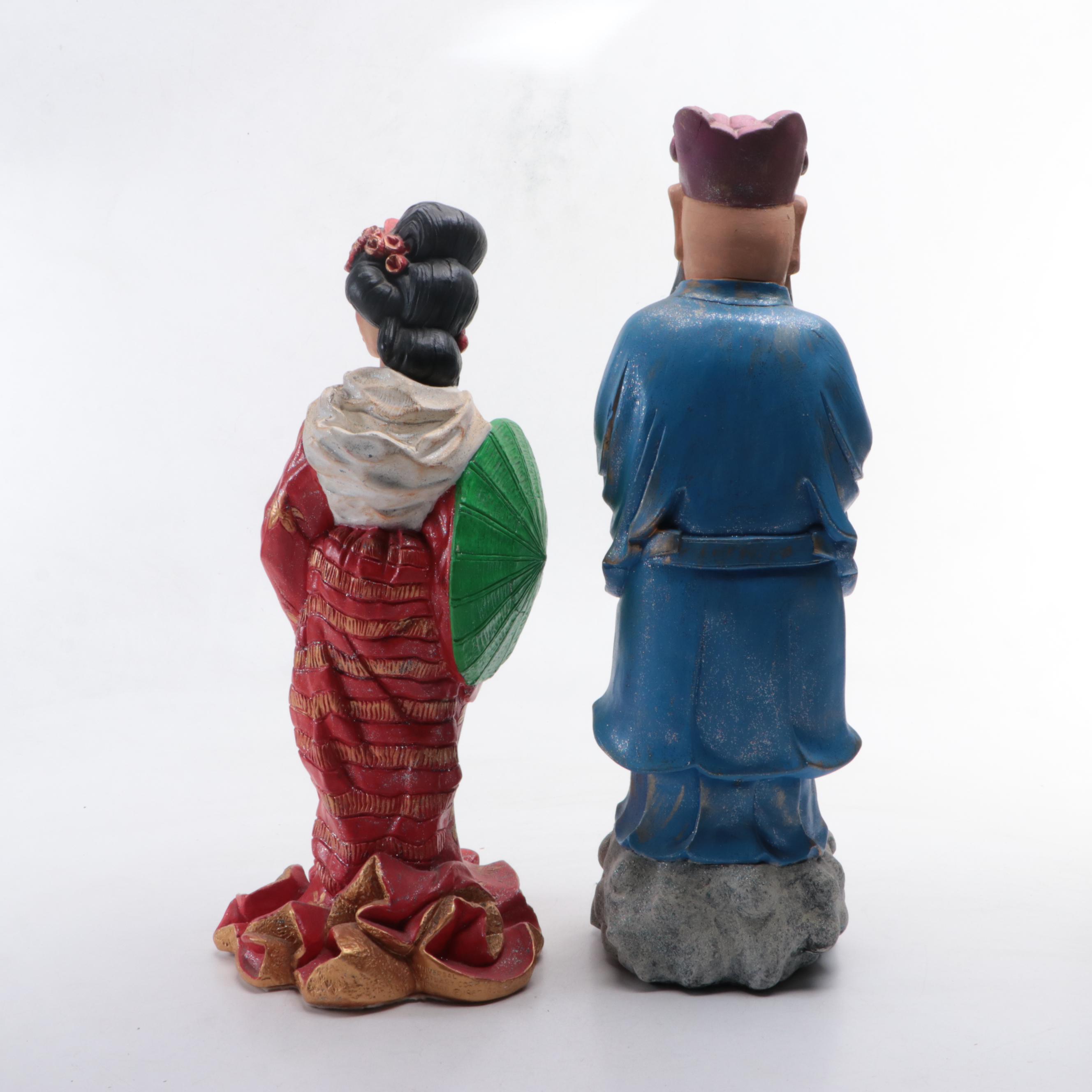 Hand-Painted Cast Plaster Traditional Chinese Man and Woman Figurines
