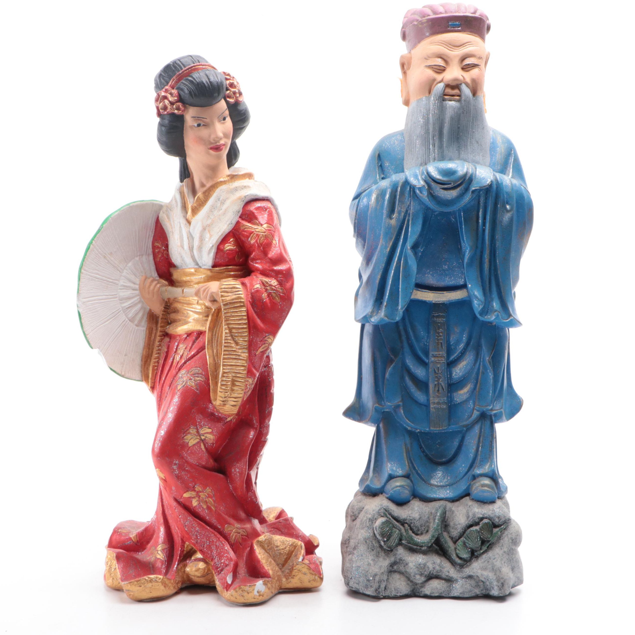 Hand-Painted Cast Plaster Traditional Chinese Man and Woman Figurines