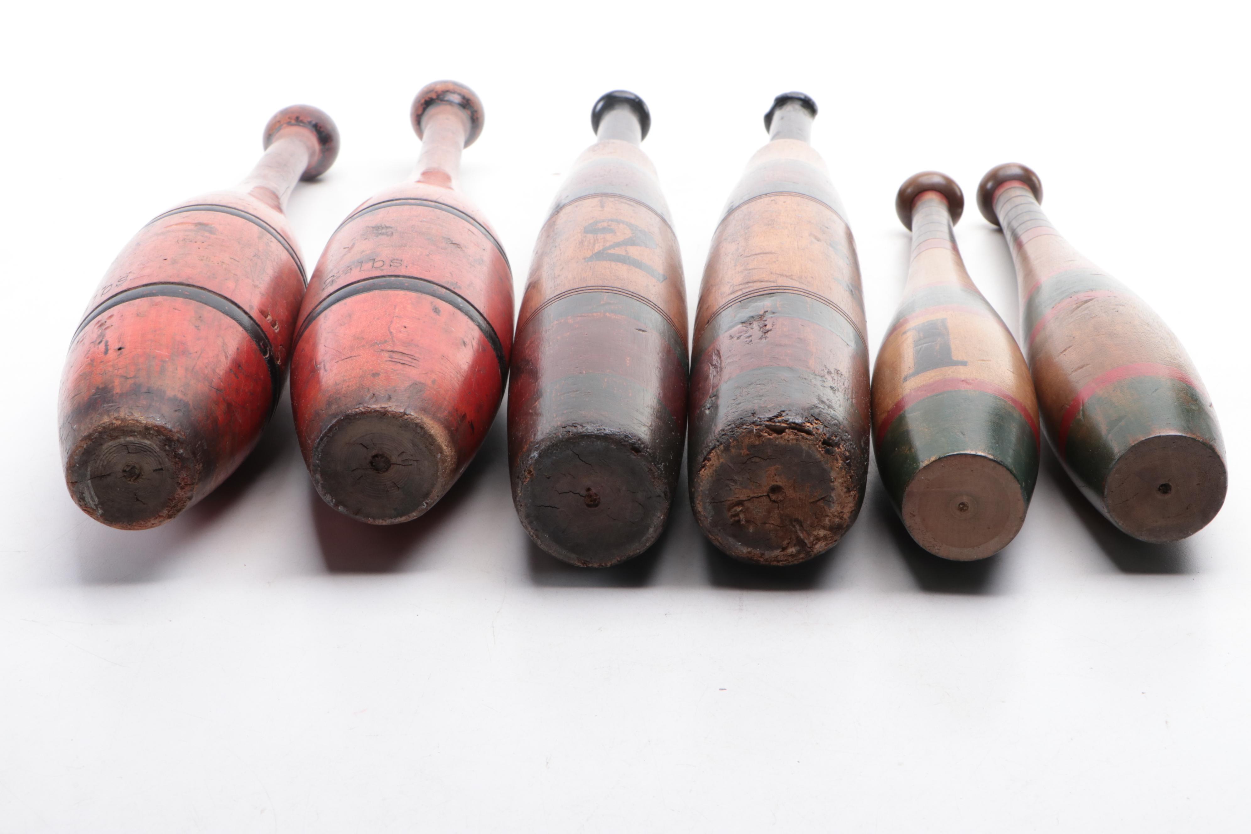 Painted Wooden Juggling Pins of 1, 2, and 2½ Pounds