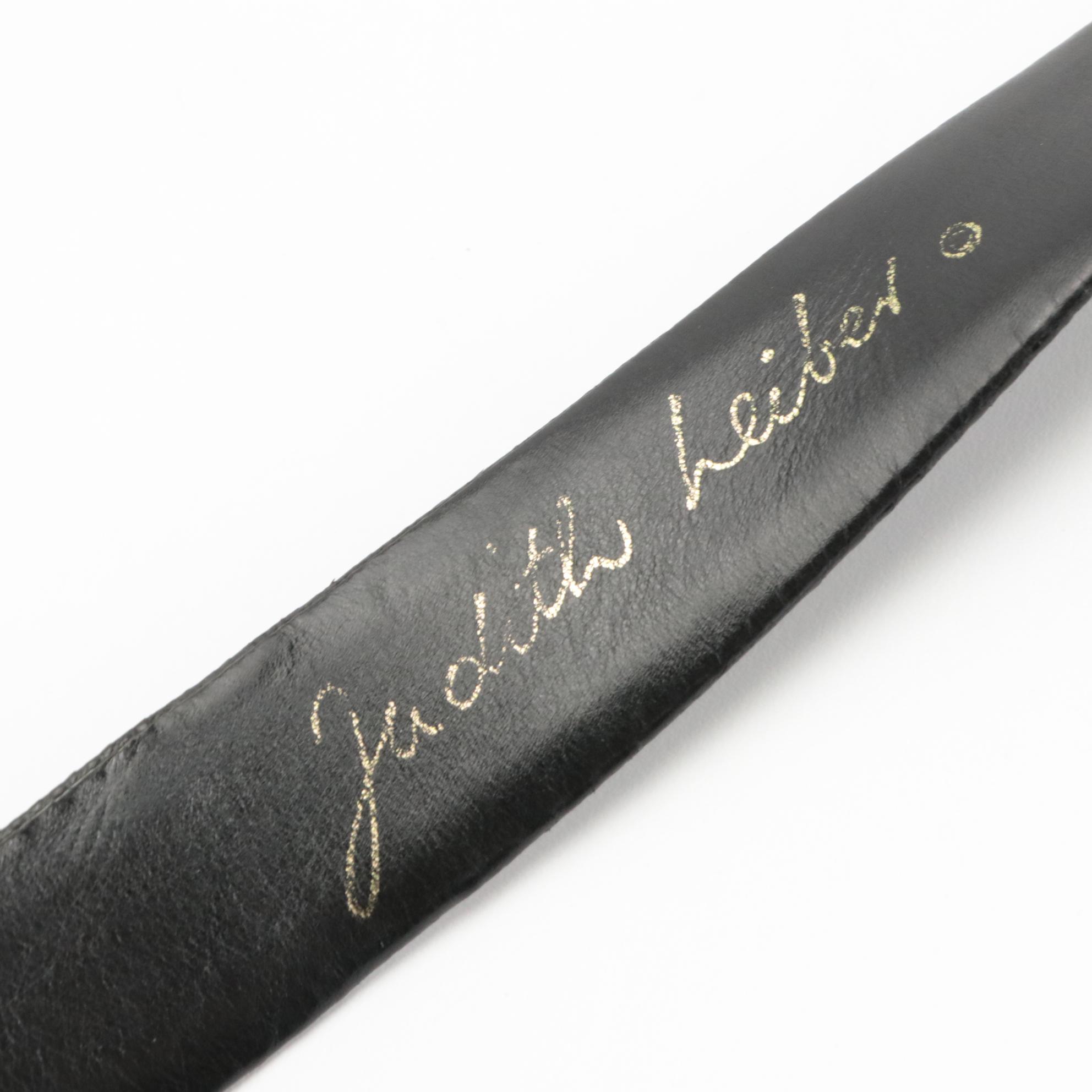 Judith Leiber Black Snakeskin Leather Belt with Gold Tone Lion Head Buckle