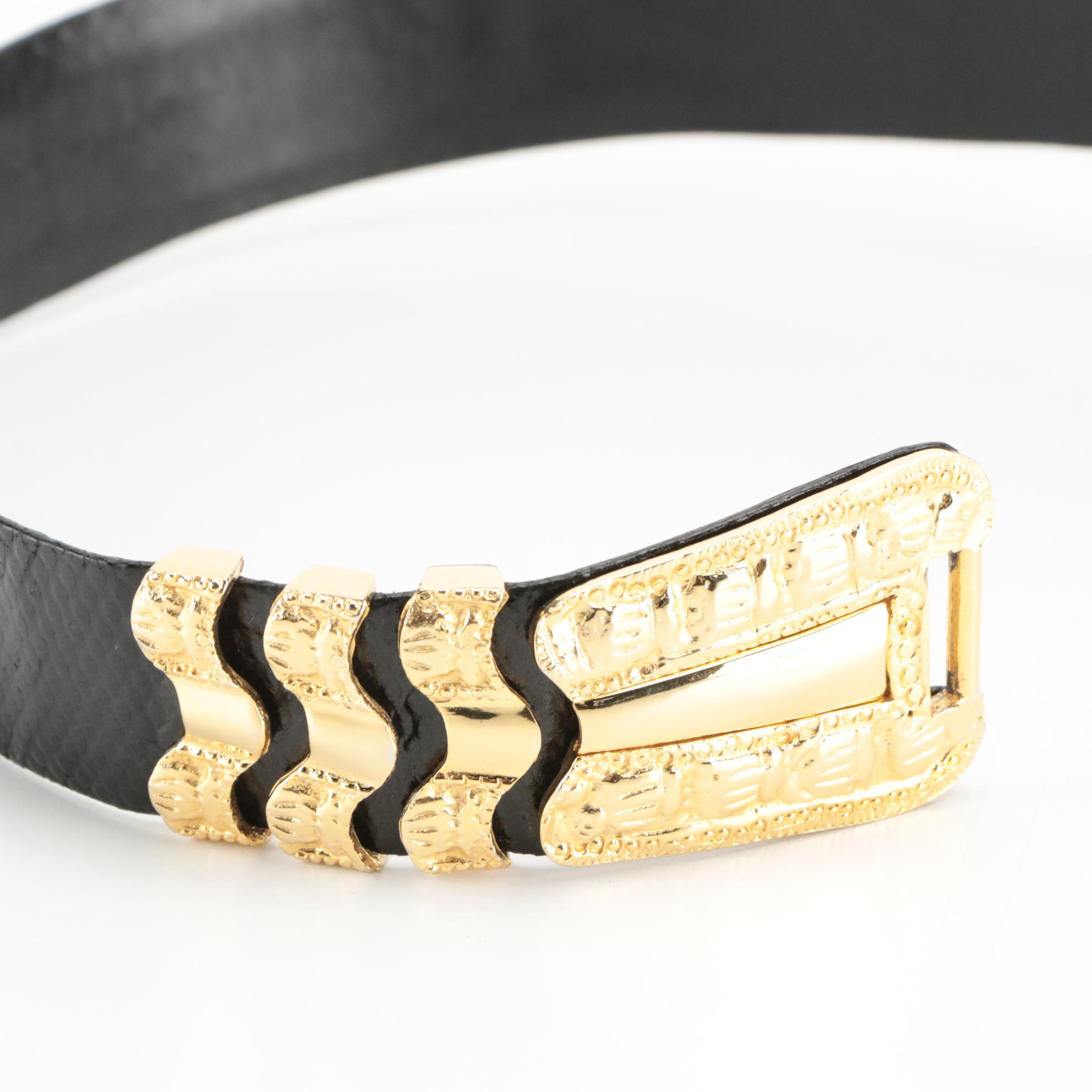 Judith Leiber Black Snakeskin Leather Belt with Gold Tone Lion Head Buckle