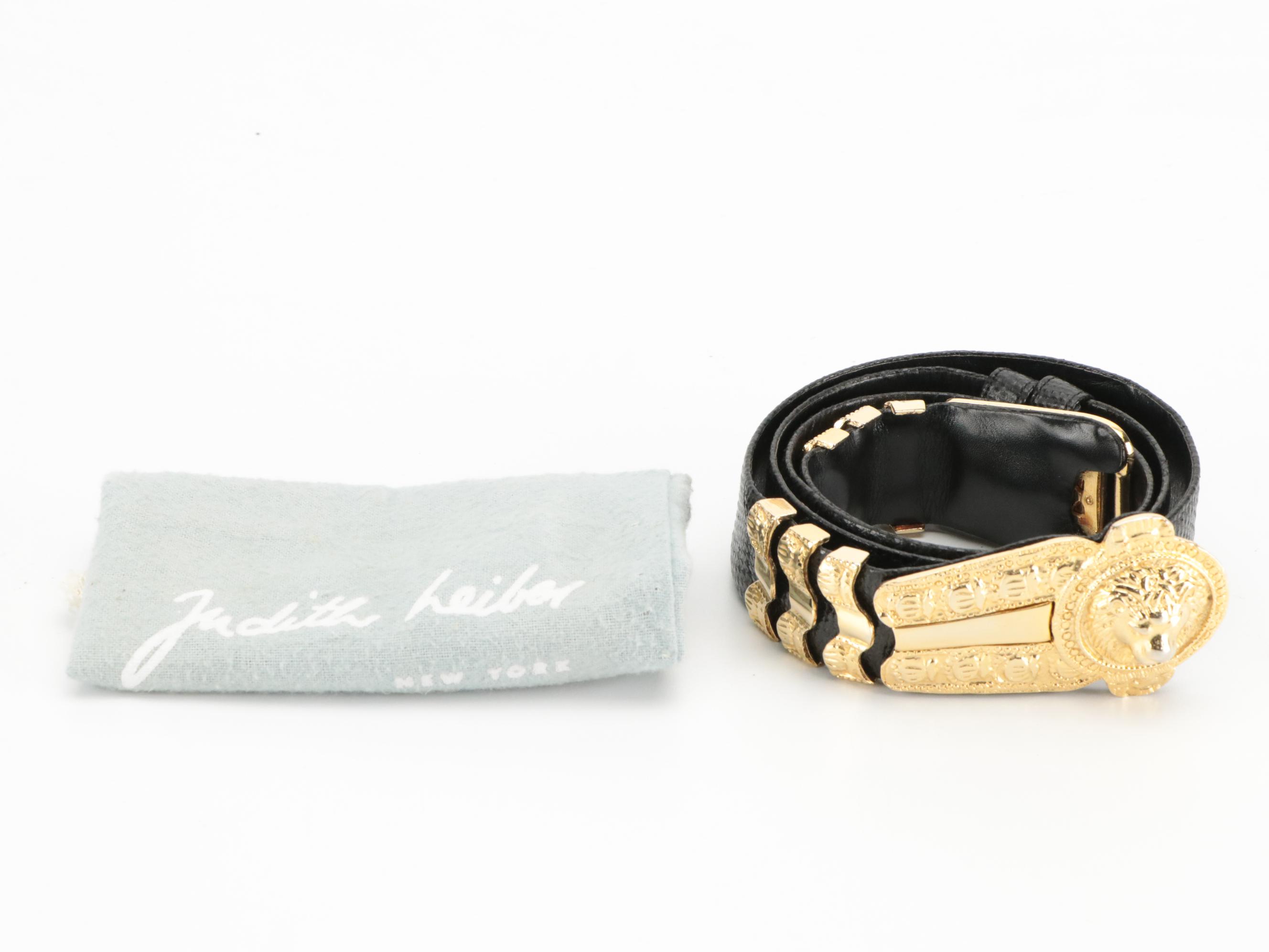 Judith Leiber Black Snakeskin Leather Belt with Gold Tone Lion Head Buckle