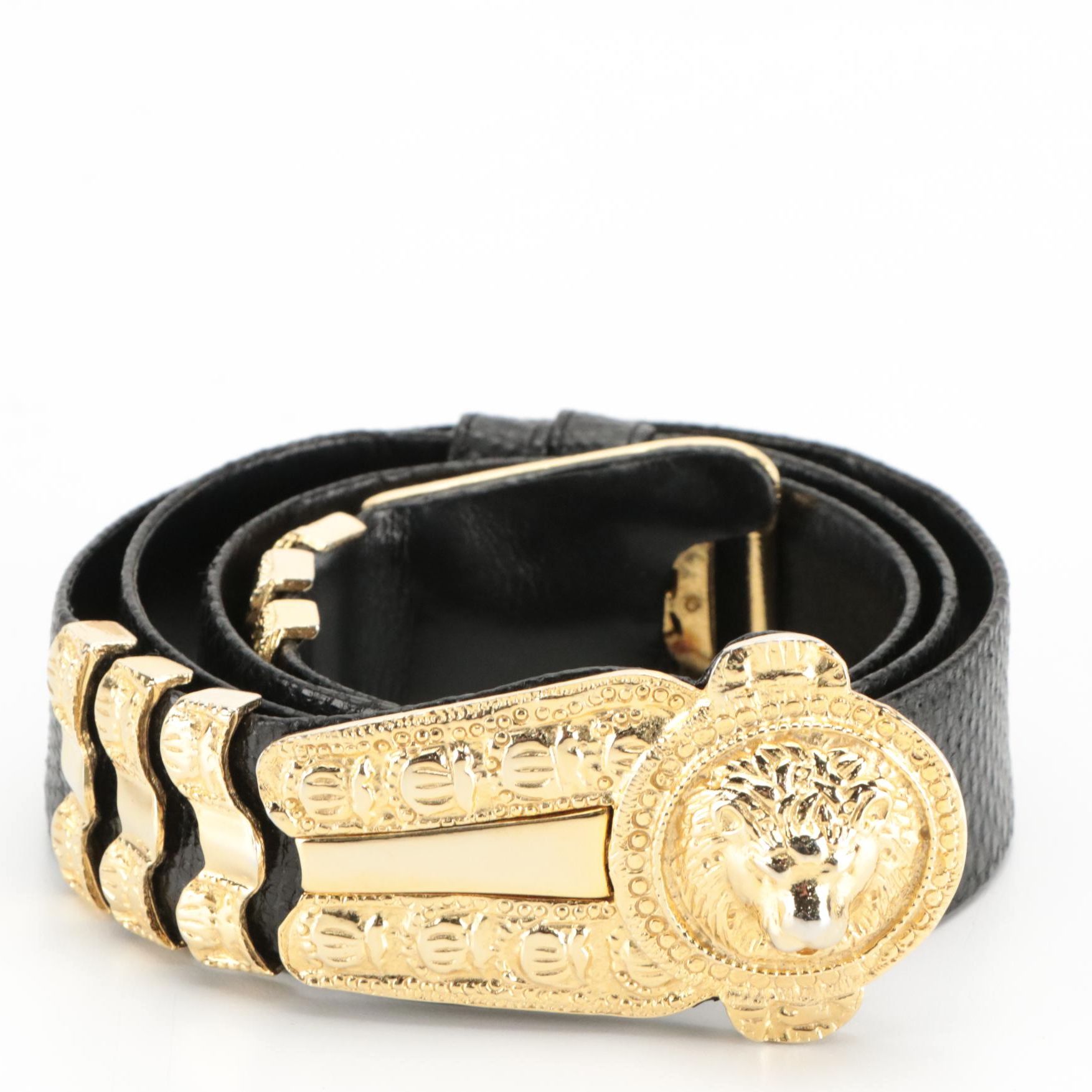 Judith Leiber Black Snakeskin Leather Belt with Gold Tone Lion Head Buckle