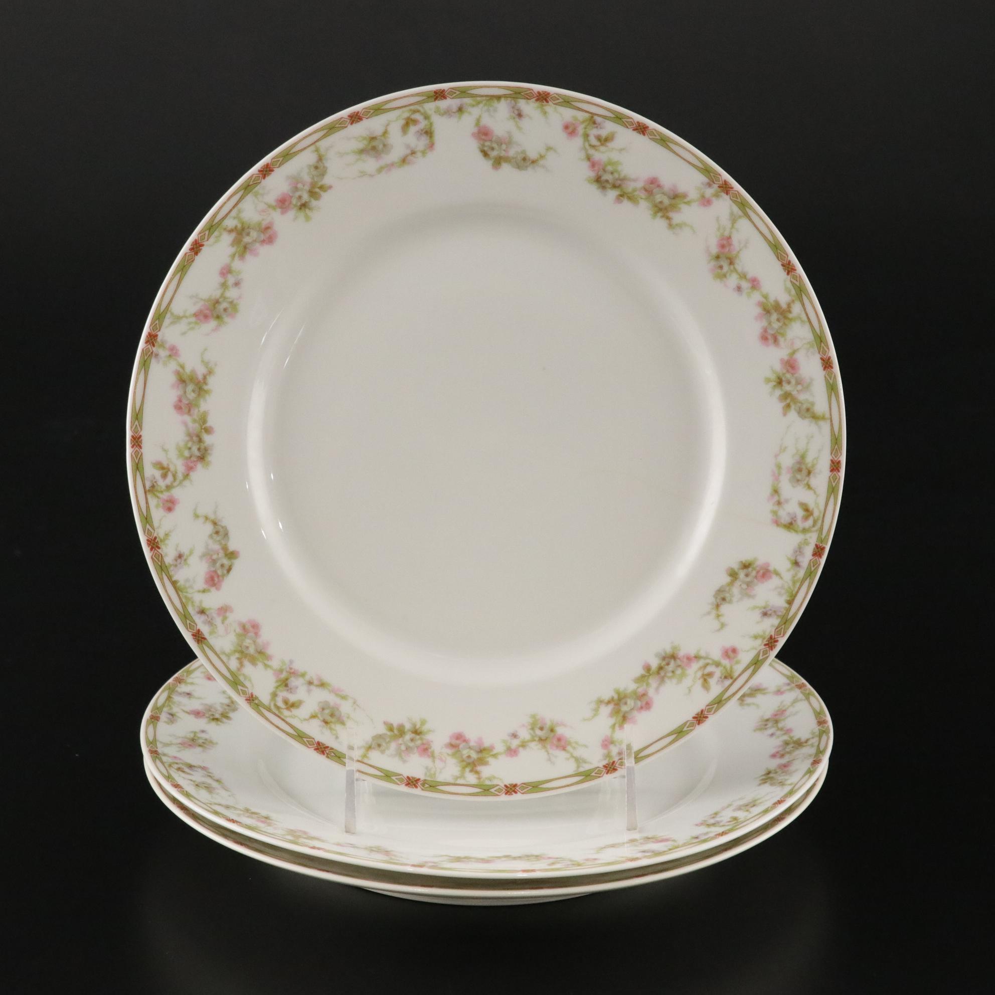 Théodore Haviland Limoges Floral Plates and Etched Glass Pedestal Compote