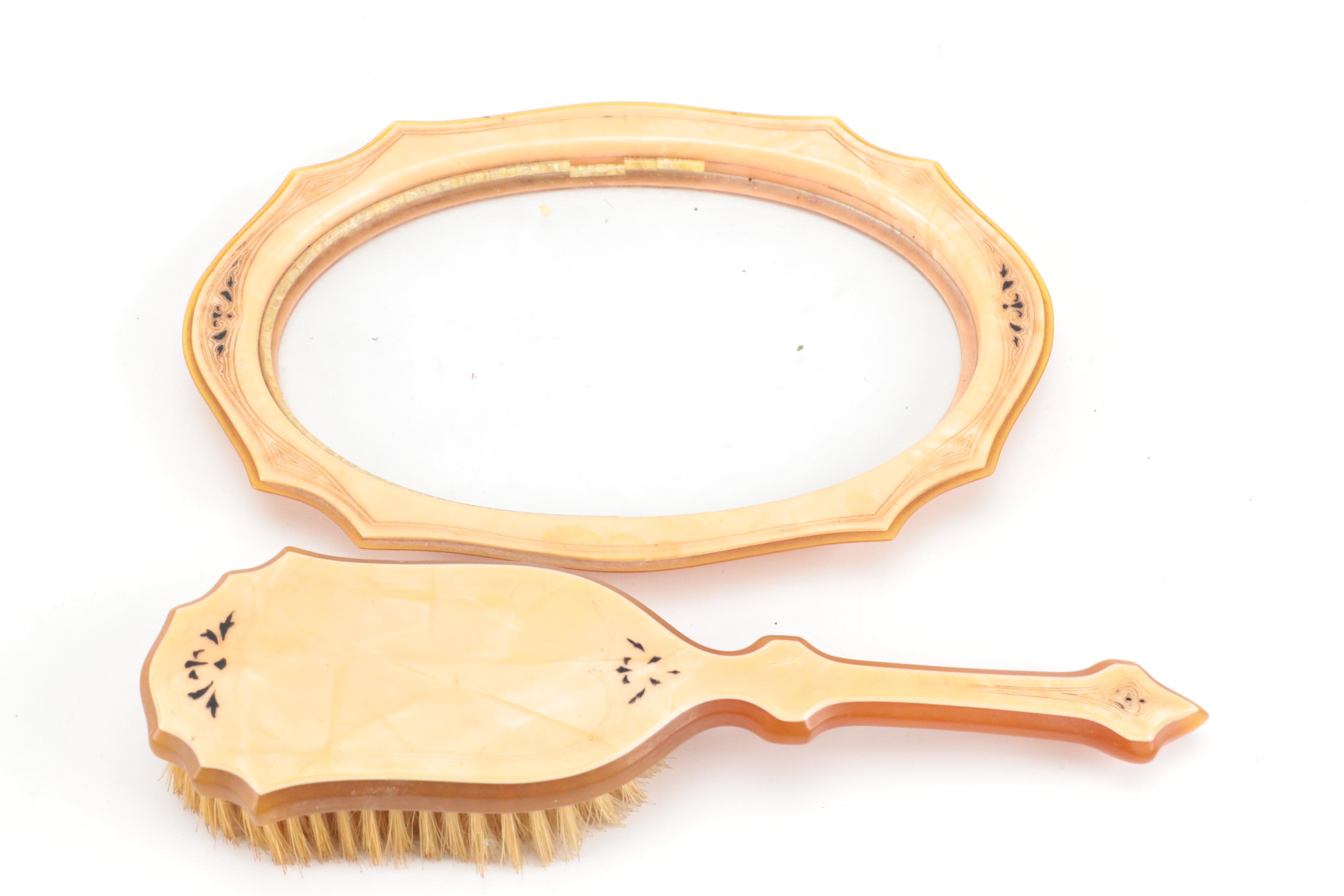 Pyramid Pearl Tone Celluloid Vanity Set and Grooming Tools