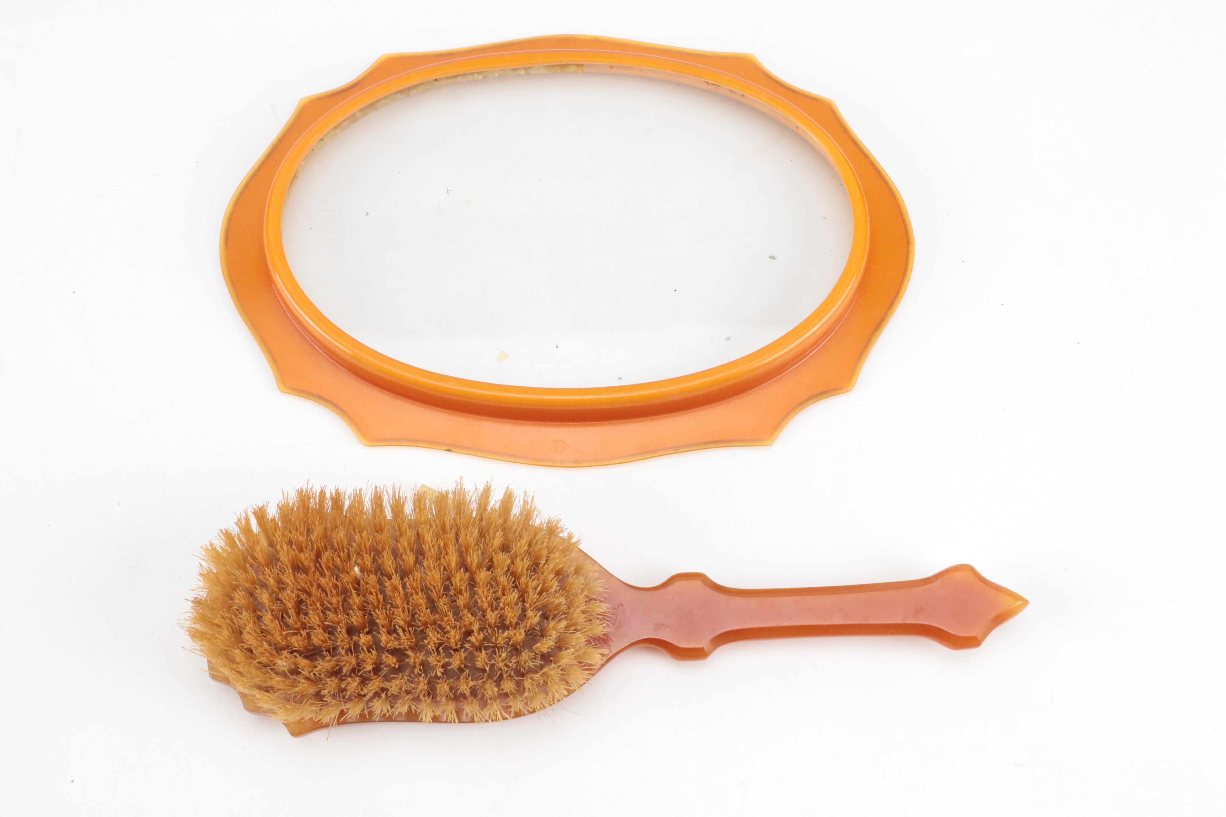 Pyramid Pearl Tone Celluloid Vanity Set and Grooming Tools