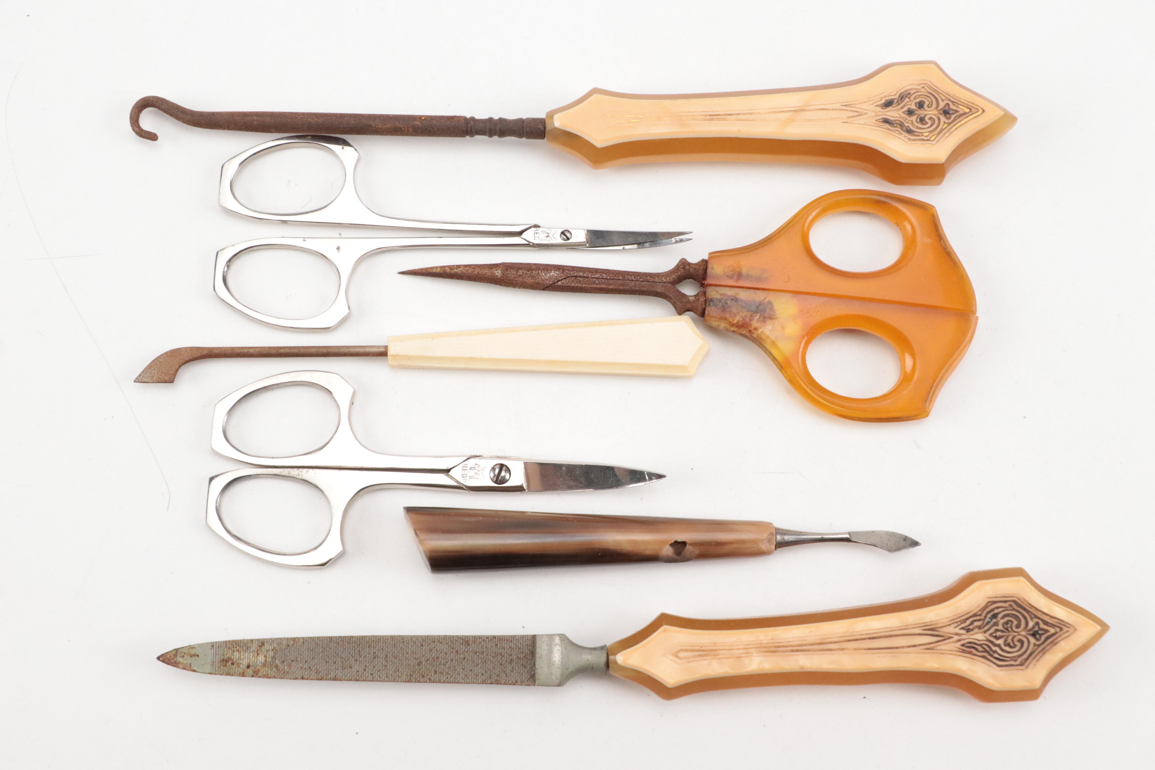 Pyramid Pearl Tone Celluloid Vanity Set and Grooming Tools