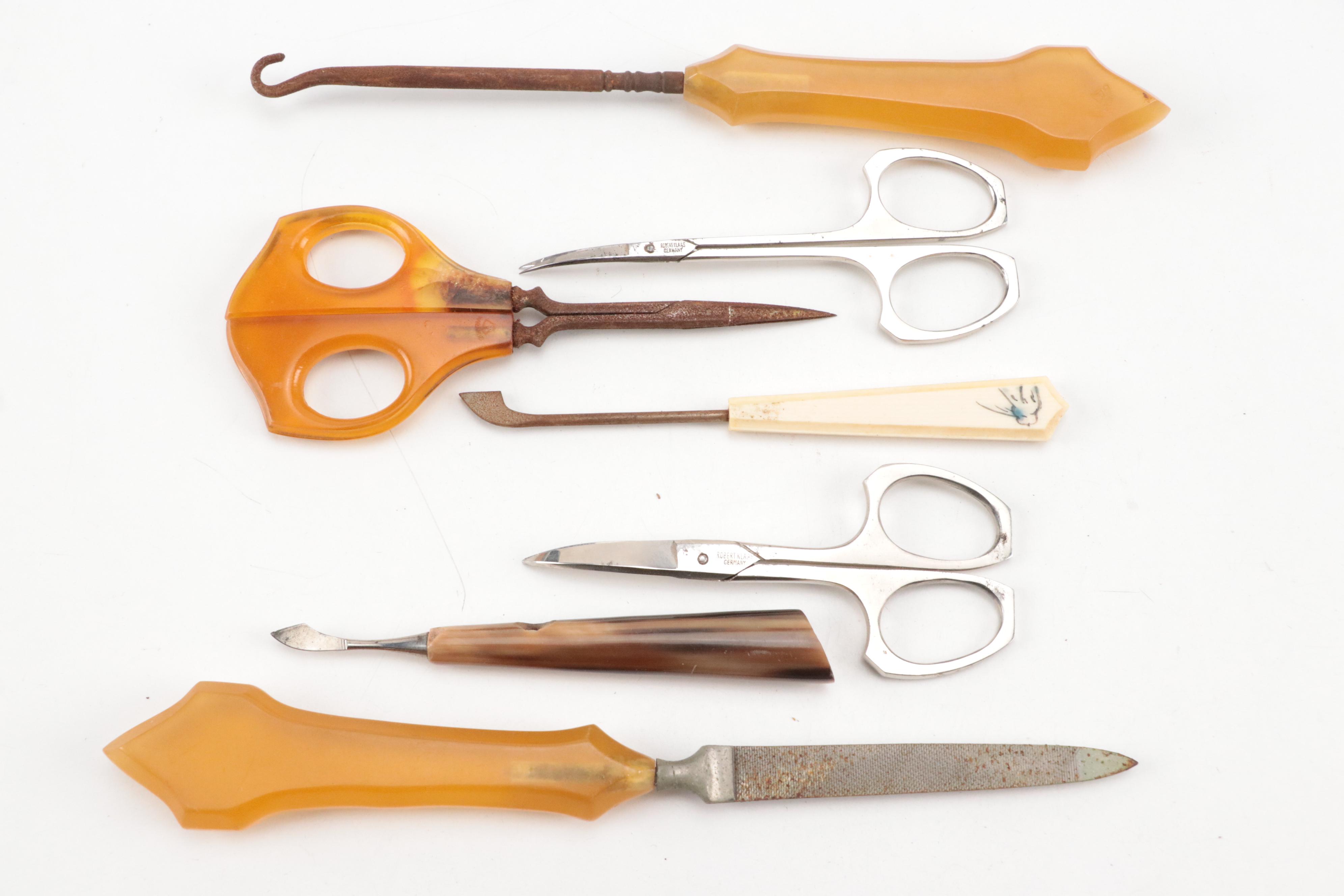 Pyramid Pearl Tone Celluloid Vanity Set and Grooming Tools