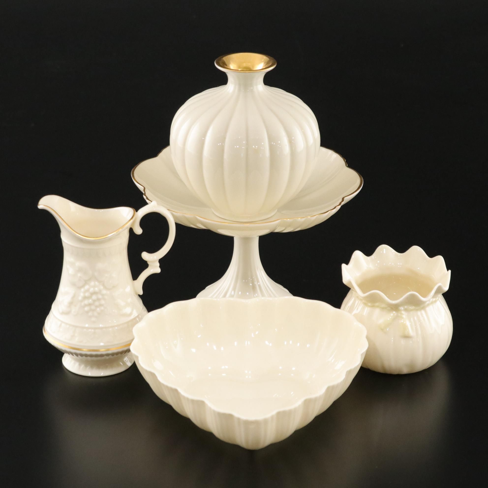 Belleek and Lenox Porcelain Vase, Creamer & Fluted Sugar, Compote, & Heart Dish