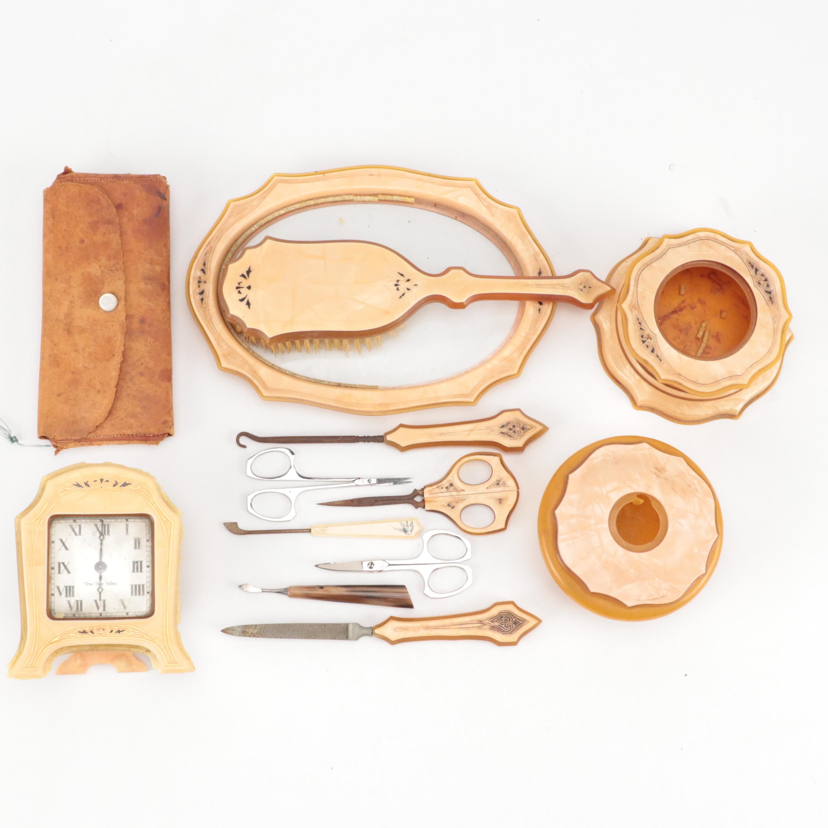 Pyramid Pearl Tone Celluloid Vanity Set and Grooming Tools