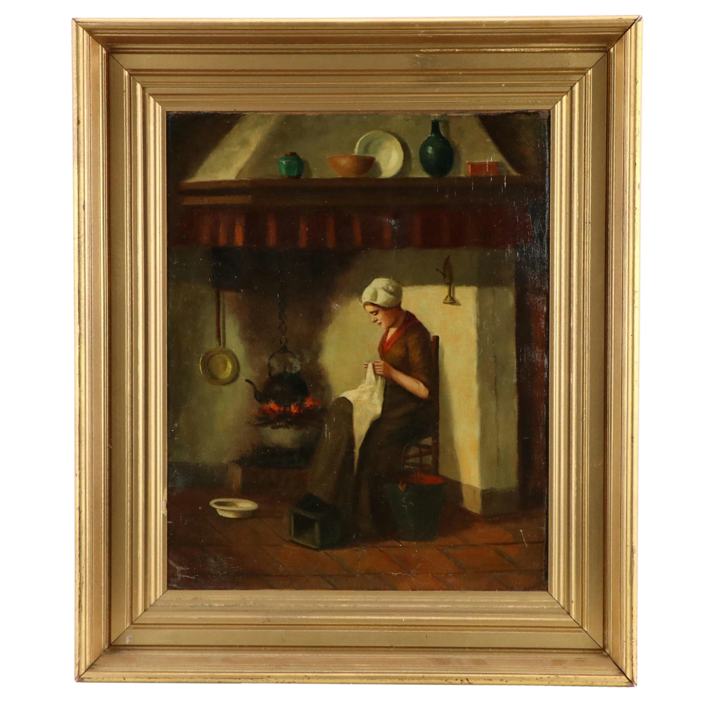 Painting of Colonial Woman Shucking Oysters Framed top Home Cooking