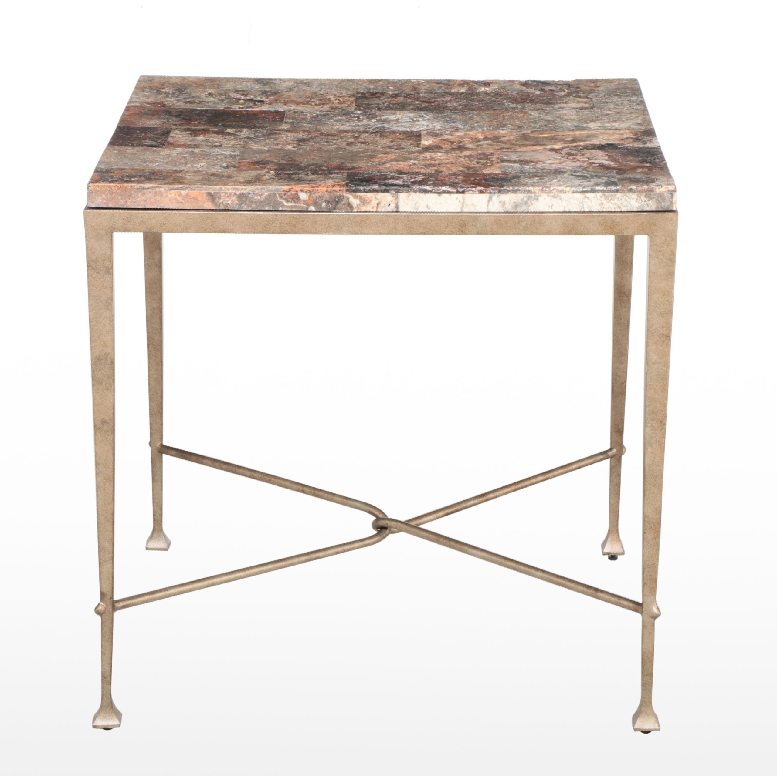 Contemporary Tessellated Marble Top Metal Side Table