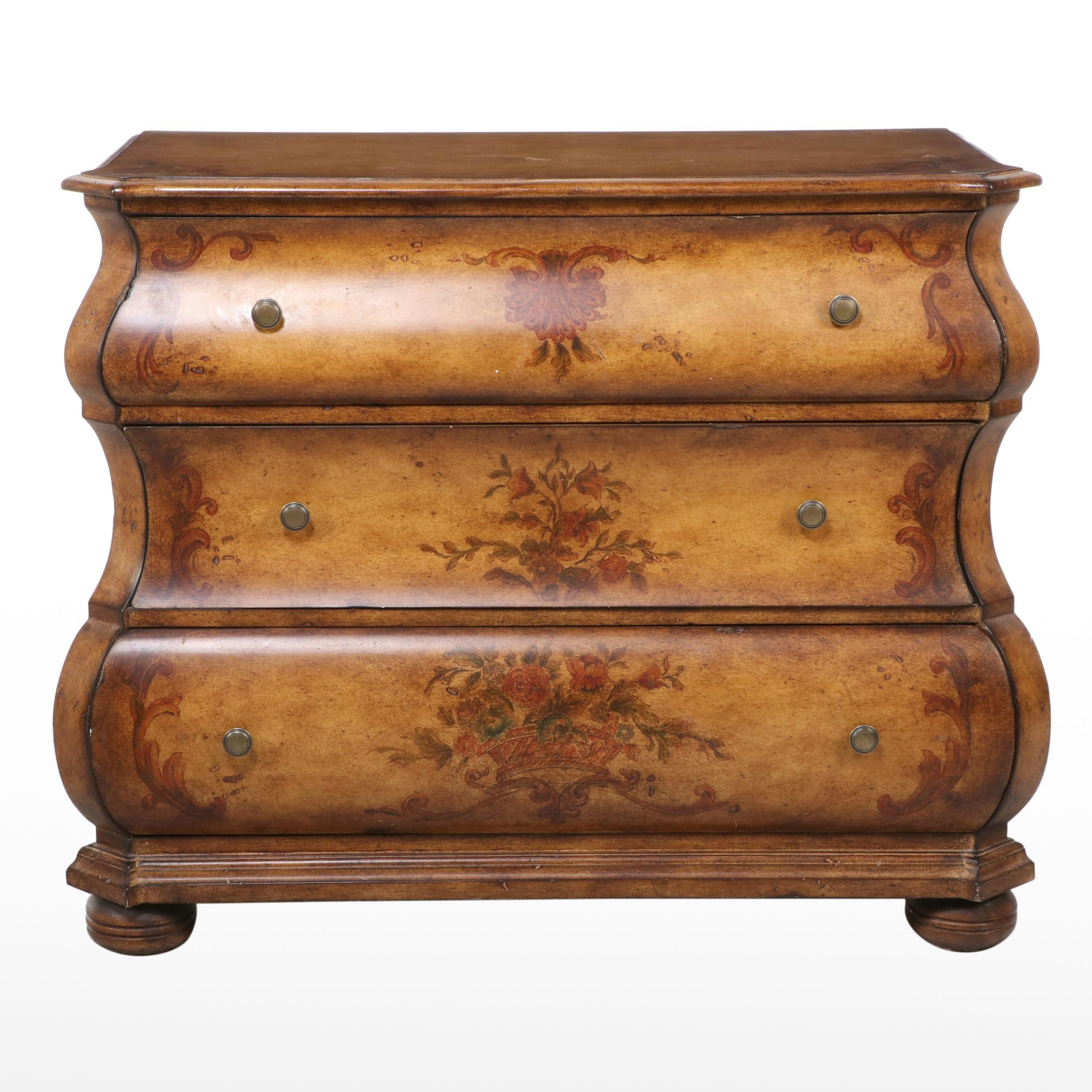 Dutch Baroque Style Paint-Decorated Three-Drawer Bombe Chest
