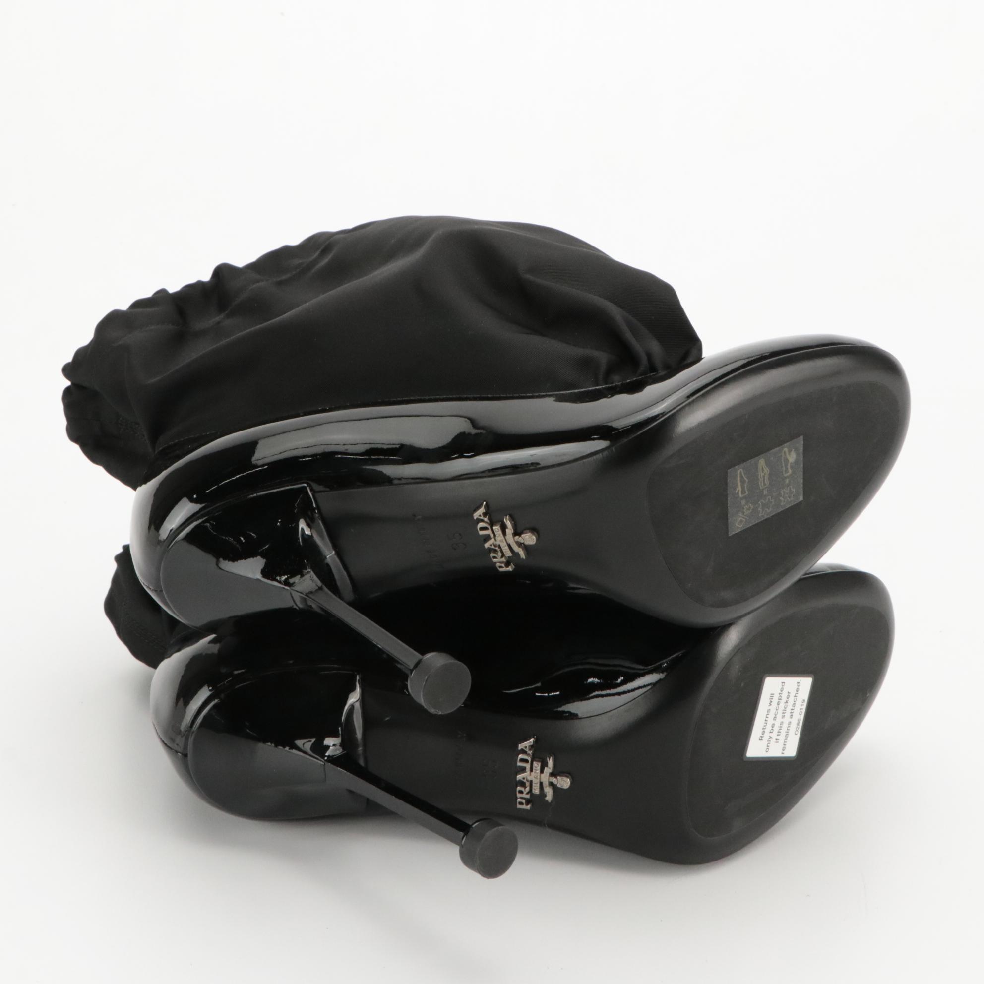 Prada Drawstring Ankle Block Heels in Black Patent Leather and Nylon with Box