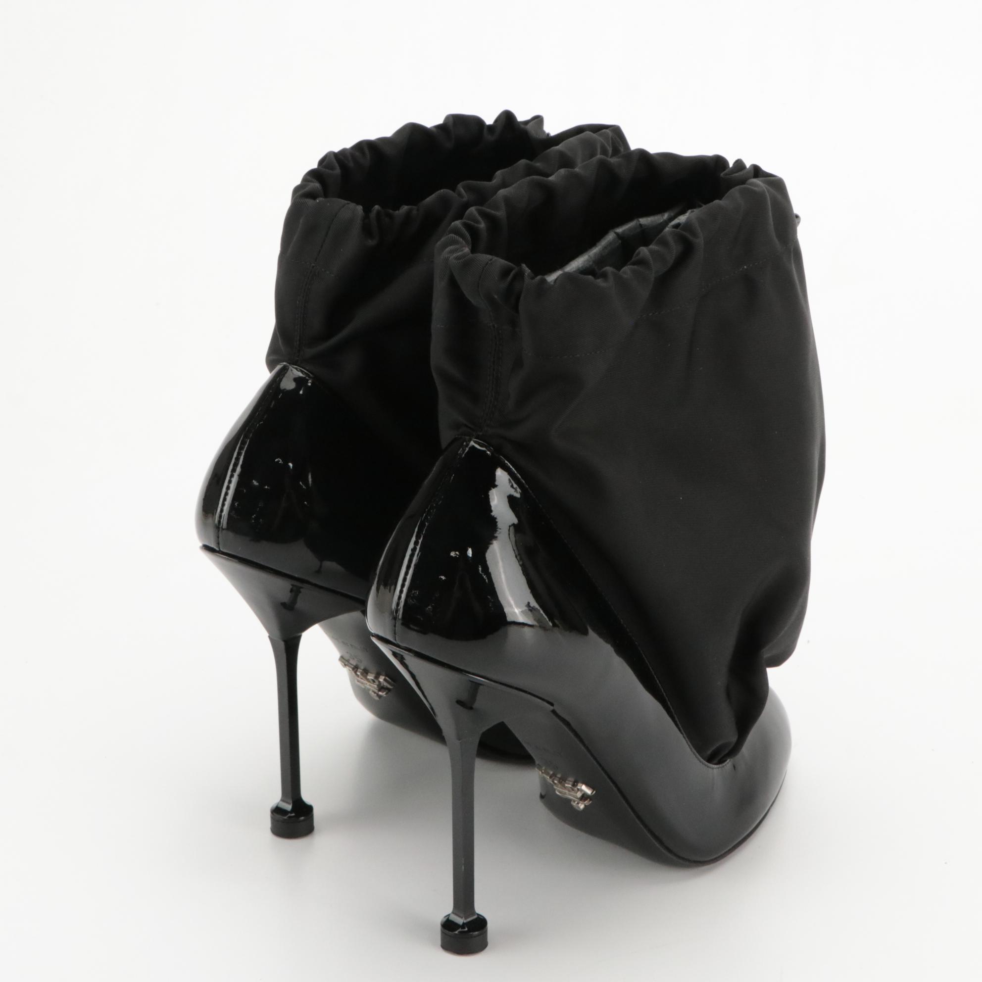 Prada Drawstring Ankle Block Heels in Black Patent Leather and Nylon with Box