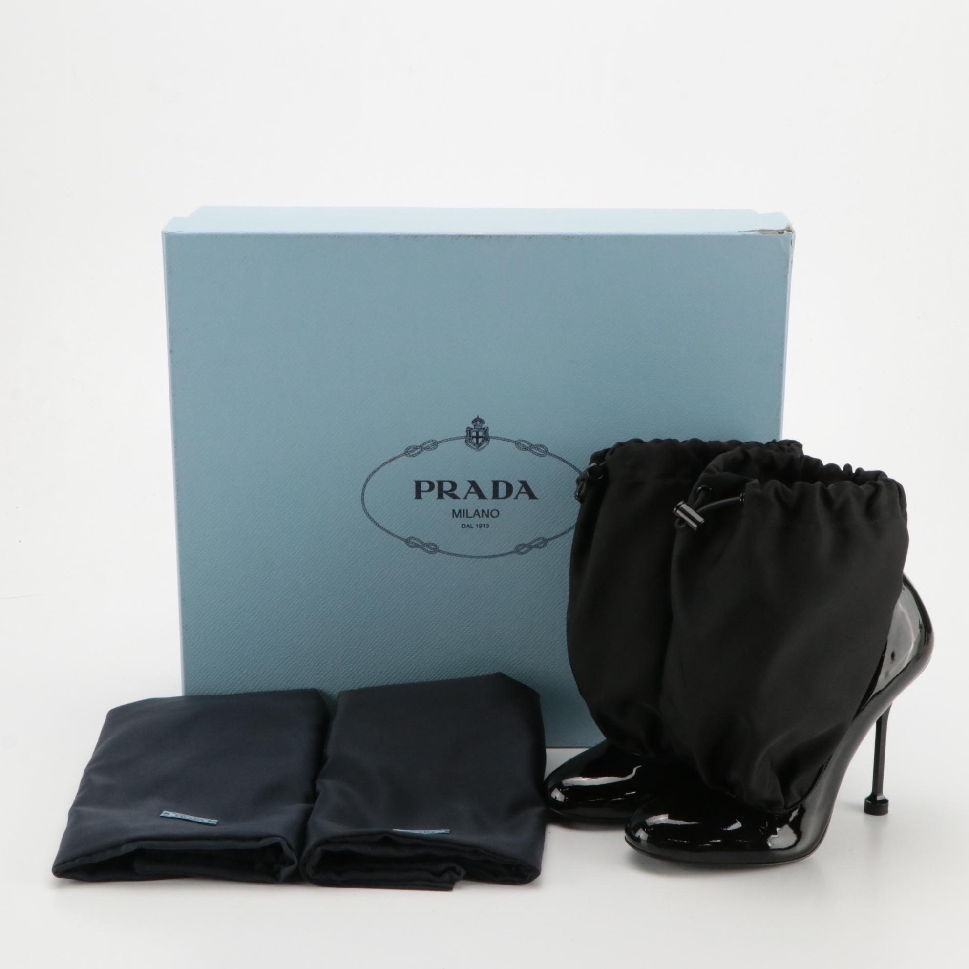 Prada Drawstring Ankle Block Heels in Black Patent Leather and Nylon with Box