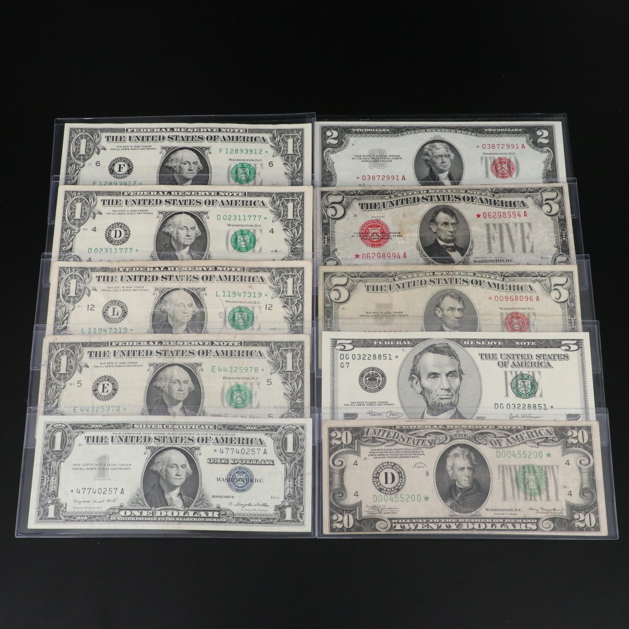 Group of Ten Different U.S. Star Notes with a 1934 Federal Reserve Star Note