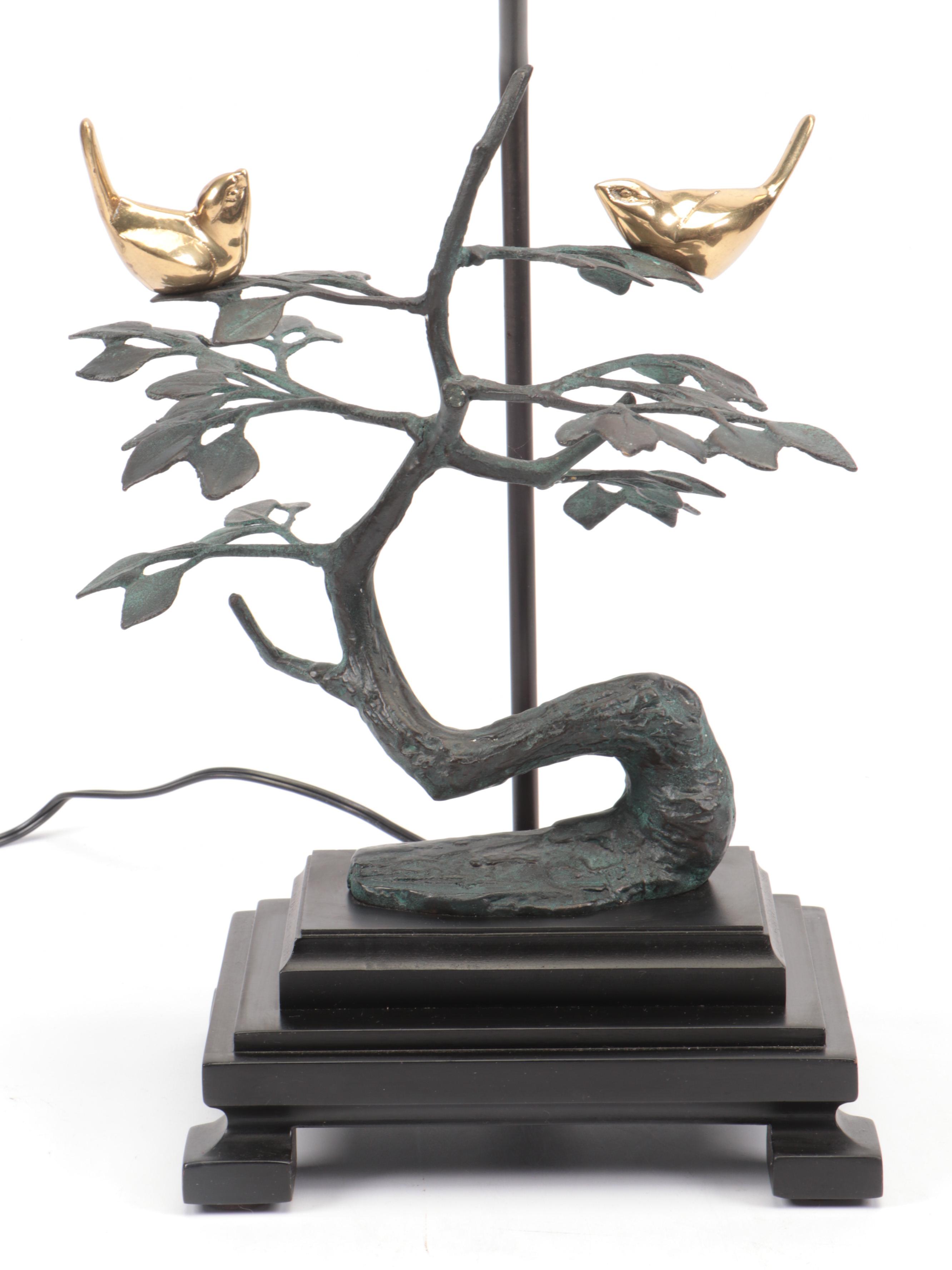 Frederick Cooper Brass Birds on Cast Metal Tree Table Lamp With Original Finial