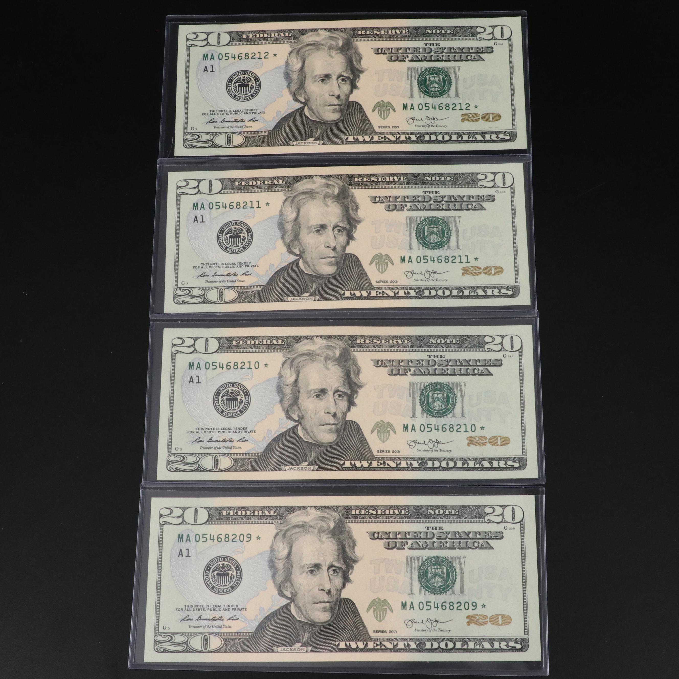 Four 2003 Federal Reserve $20 Star Notes with Consecutive Serial Numbers