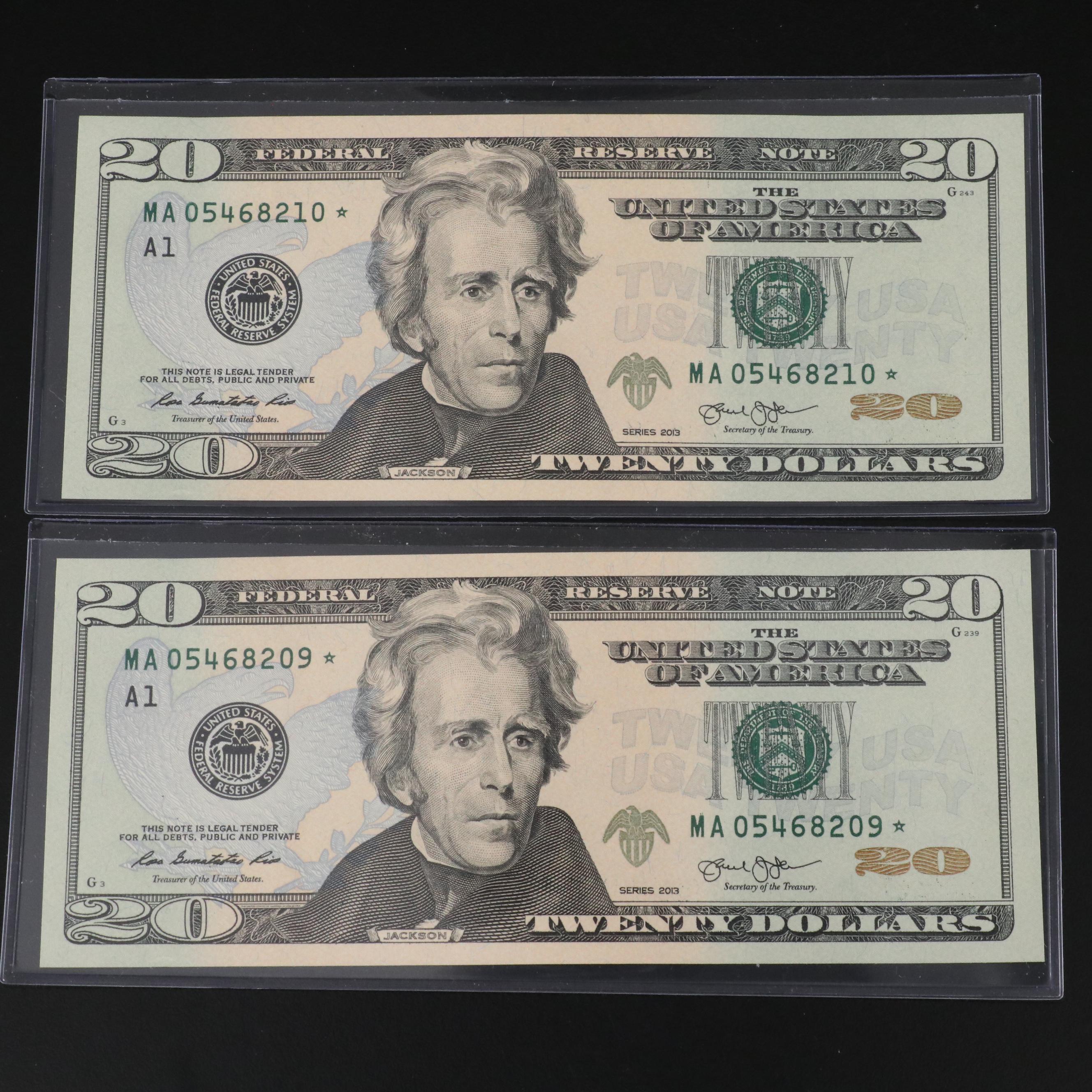 Four 2003 Federal Reserve $20 Star Notes with Consecutive Serial Numbers