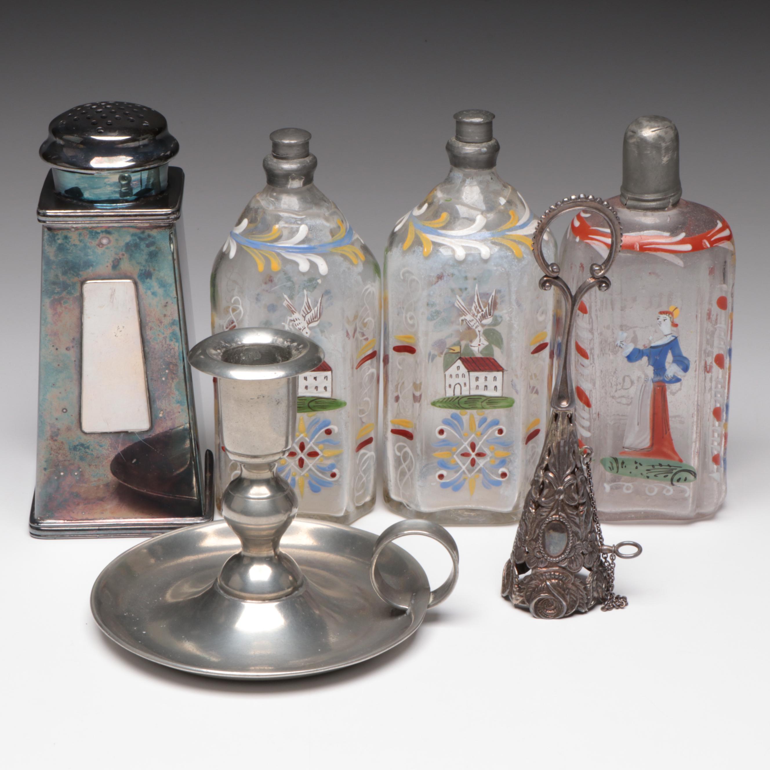 Sterling Tussie-Mussie Holder, Stiegel Type Glass Bottles, Chamberstick, Shaker