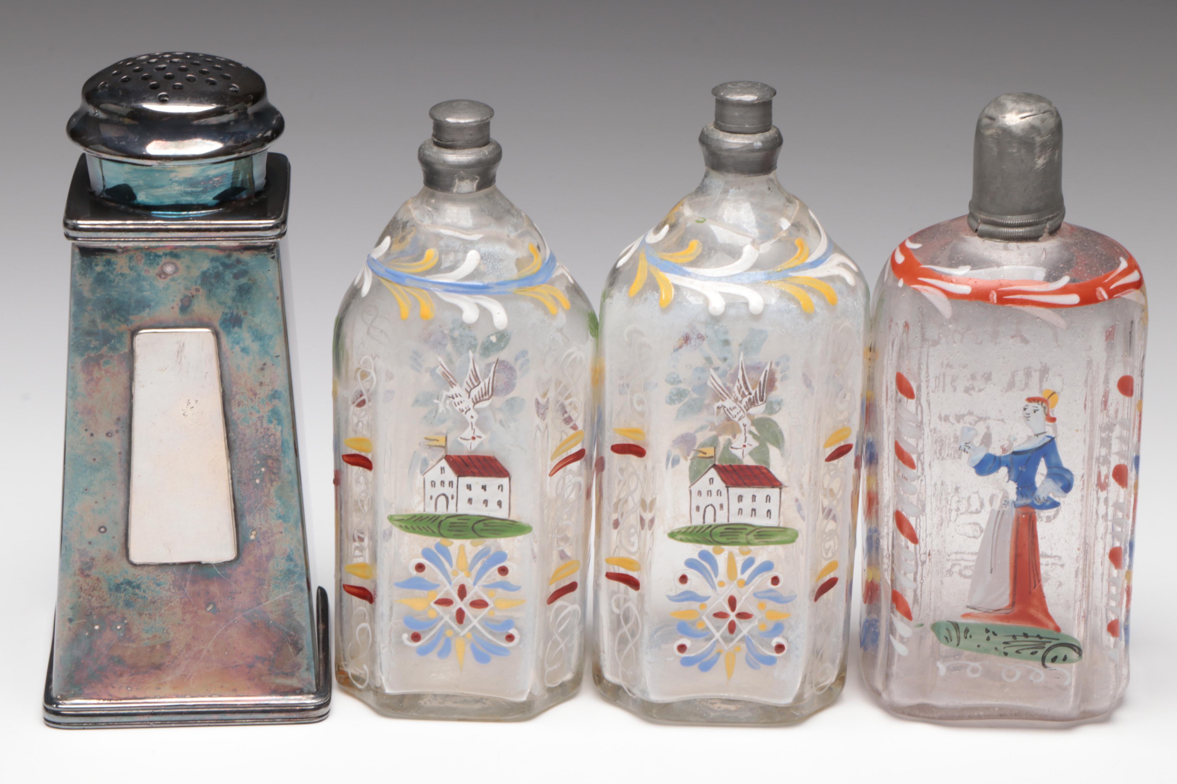 Sterling Tussie-Mussie Holder, Stiegel Type Glass Bottles, Chamberstick, Shaker