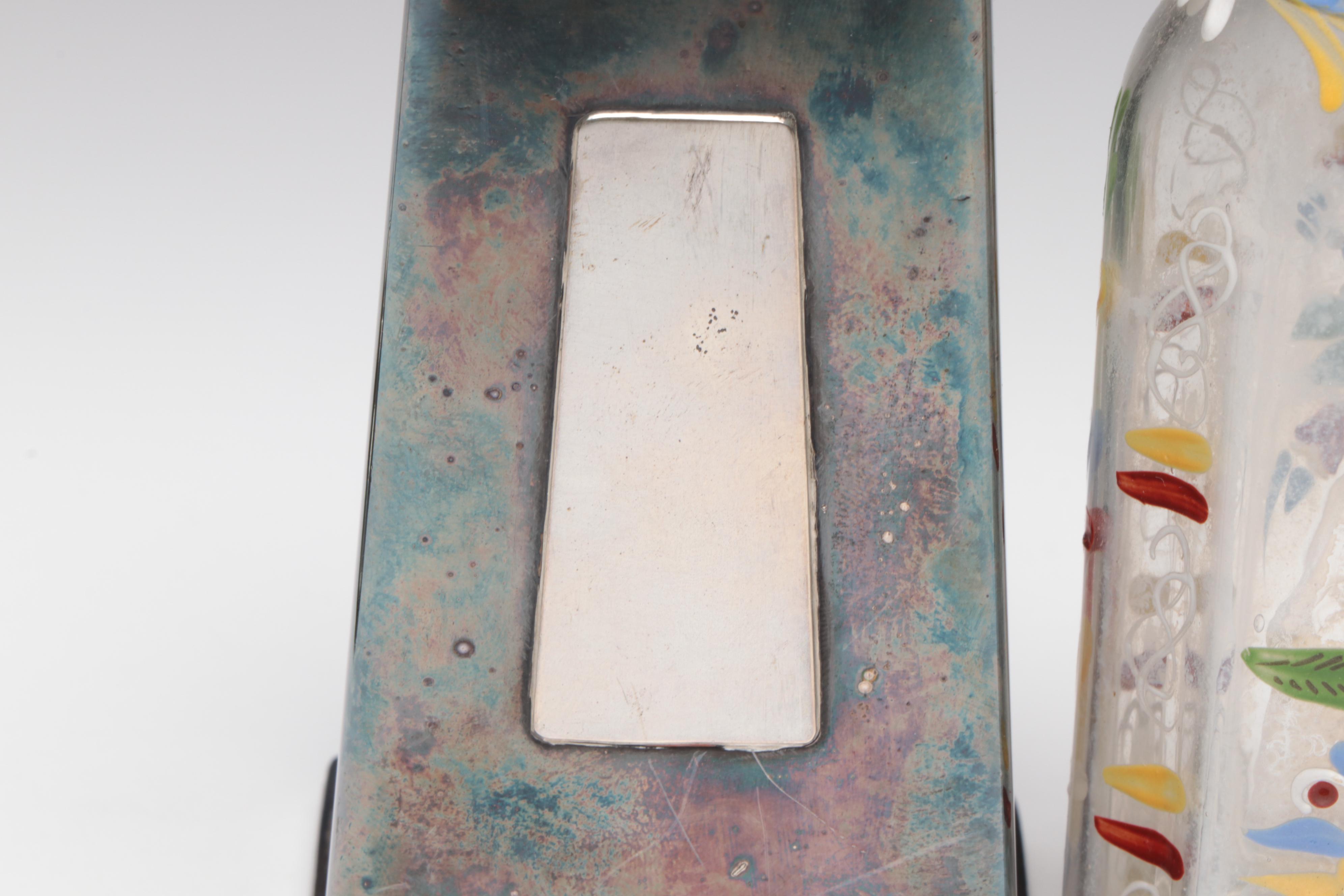 Sterling Tussie-Mussie Holder, Stiegel Type Glass Bottles, Chamberstick, Shaker