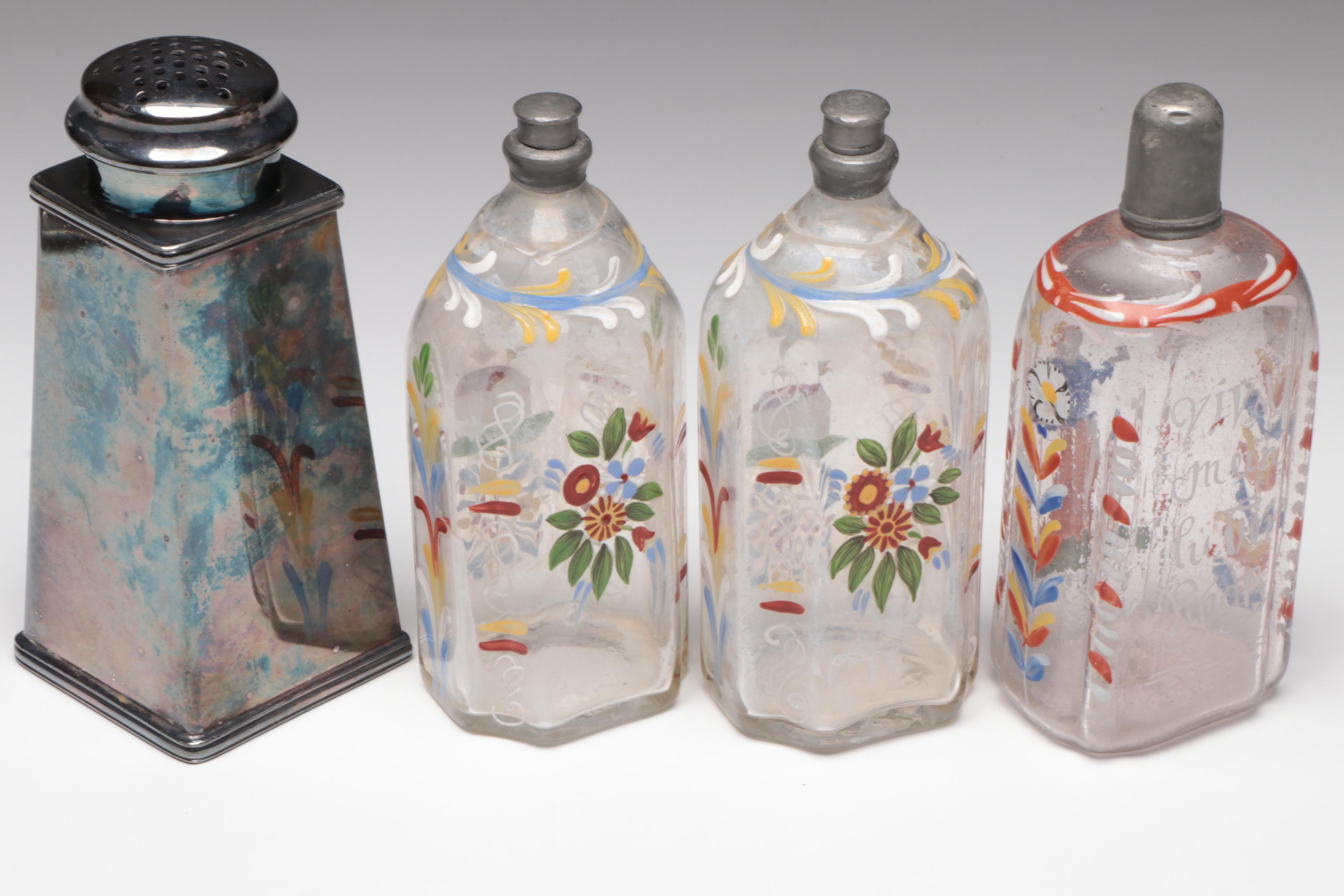 Sterling Tussie-Mussie Holder, Stiegel Type Glass Bottles, Chamberstick, Shaker