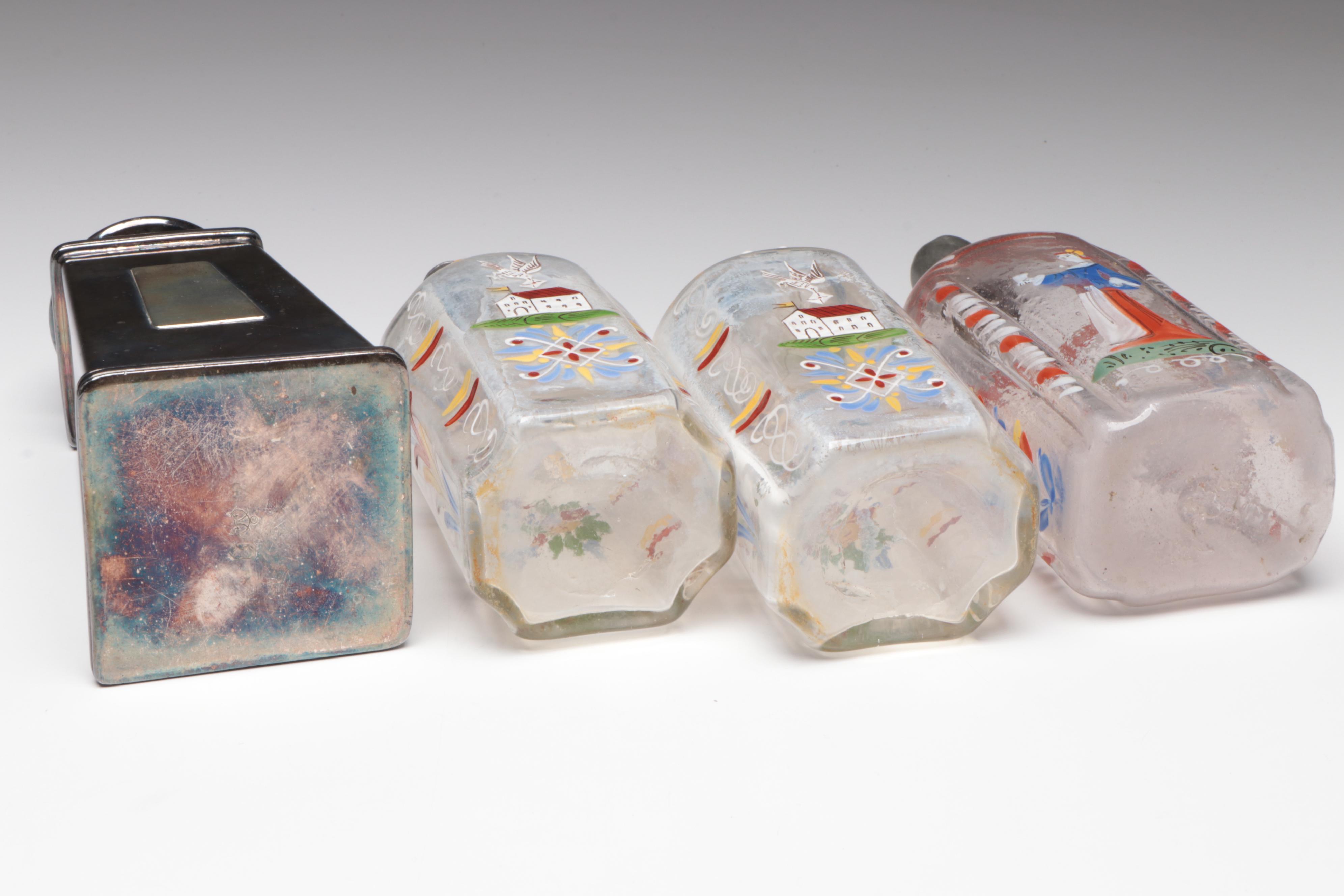 Sterling Tussie-Mussie Holder, Stiegel Type Glass Bottles, Chamberstick, Shaker