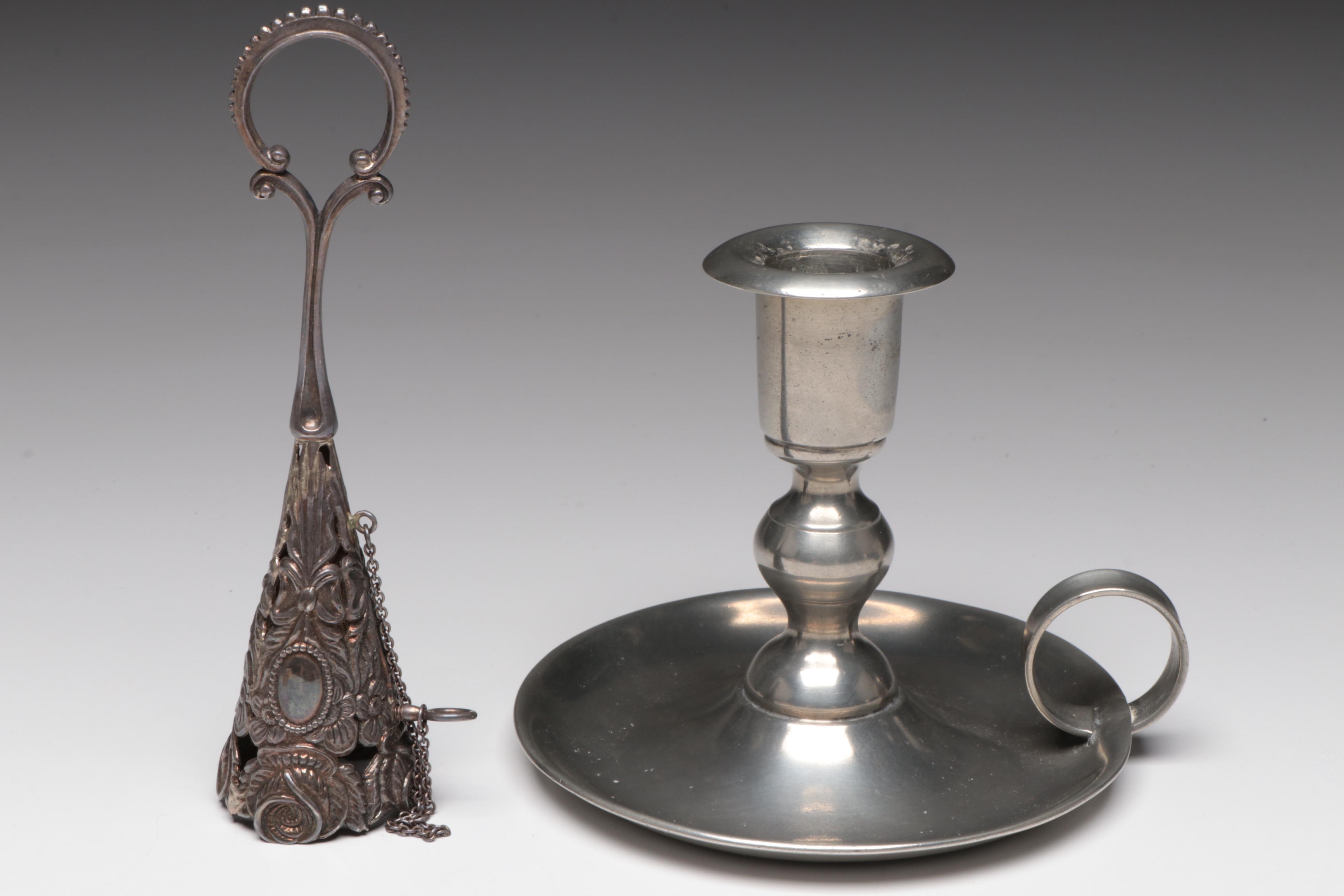 Sterling Tussie-Mussie Holder, Stiegel Type Glass Bottles, Chamberstick, Shaker