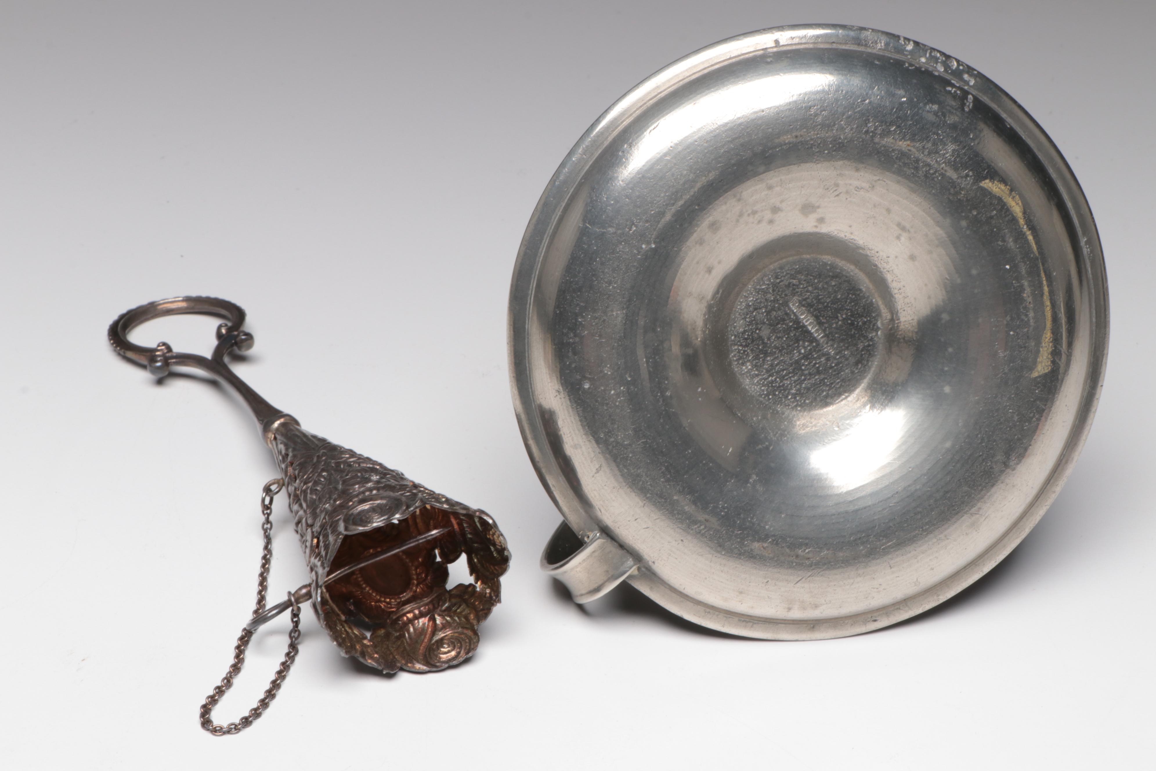 Sterling Tussie-Mussie Holder, Stiegel Type Glass Bottles, Chamberstick, Shaker