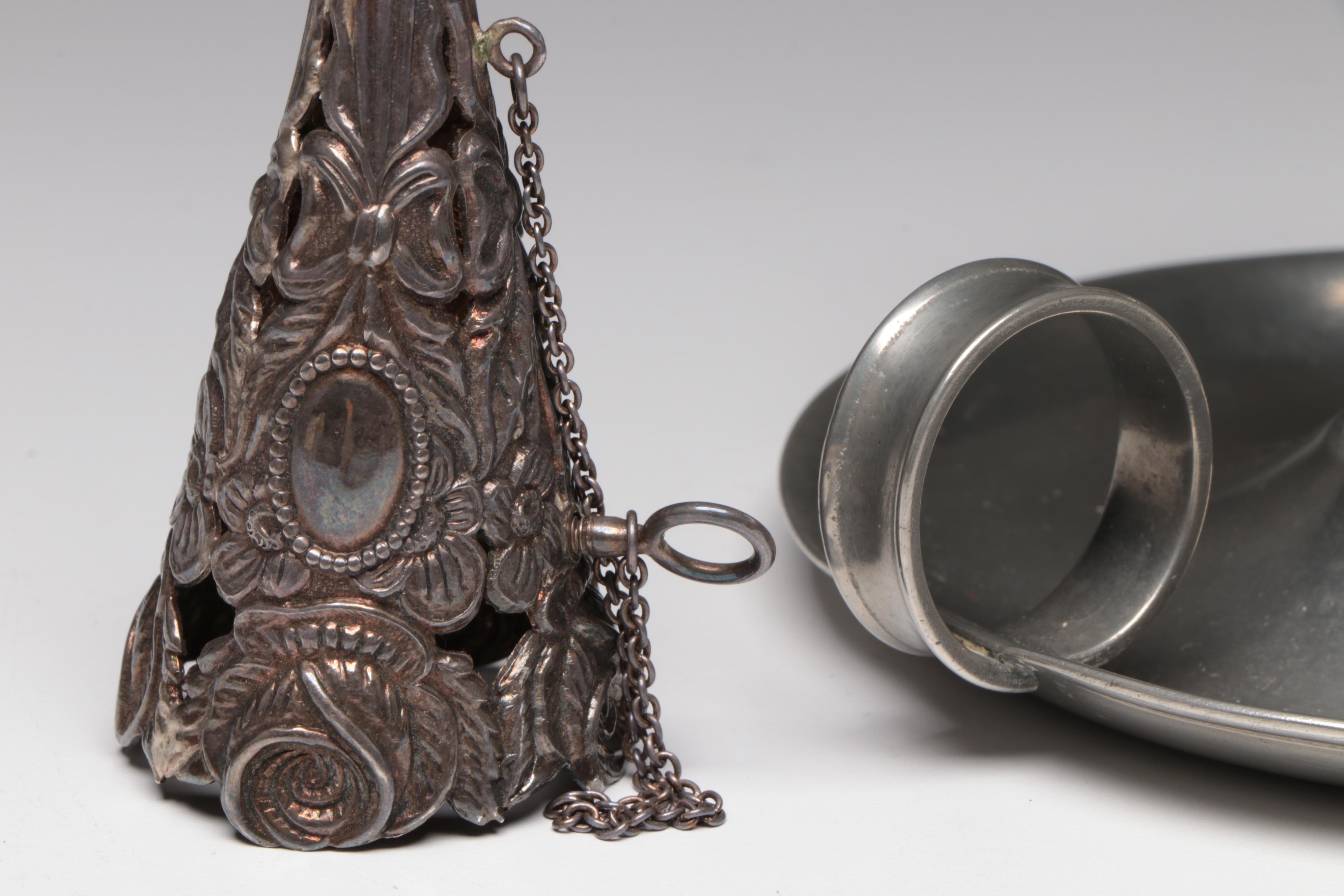 Sterling Tussie-Mussie Holder, Stiegel Type Glass Bottles, Chamberstick, Shaker