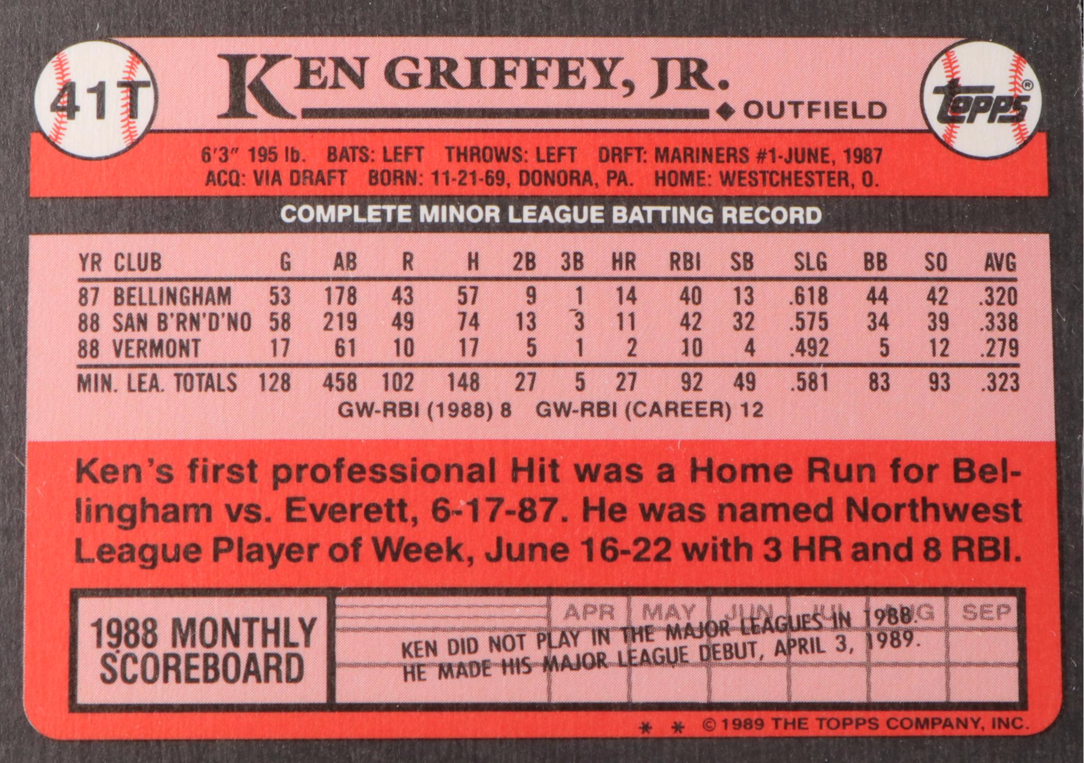 1989 Topps Traded Ken Griffey Jr. Rookie Baseball Card #41T Graded PSA 10